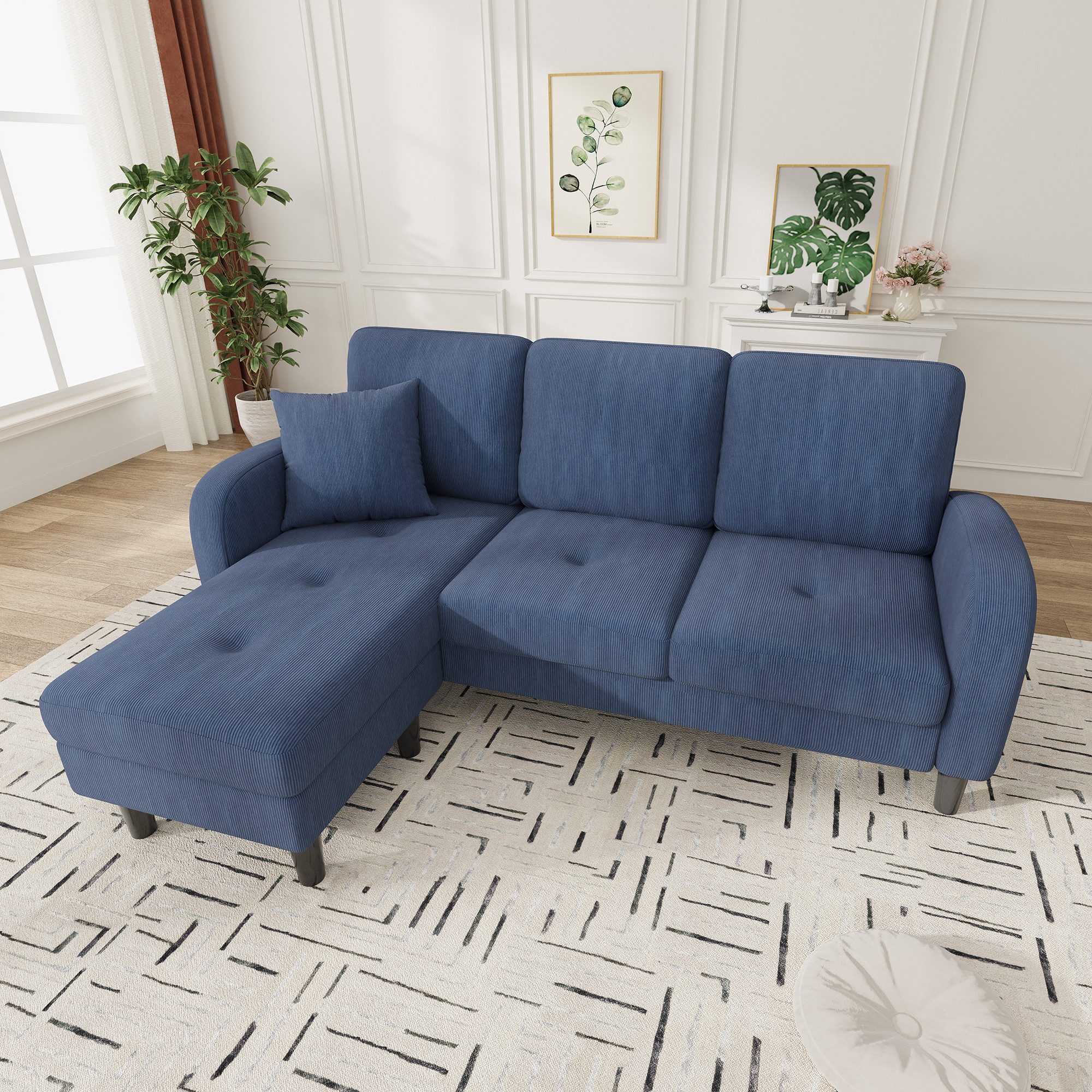 Merax Ecksofa L-förmiges Sofa mit Bettfunktion, Modulares Sofa aus Cordstoff, 1 Teile, 3-Sitzer Sofa mit Chaiselongue, Kissen & Kunststoffbeine, 166x118x77cm