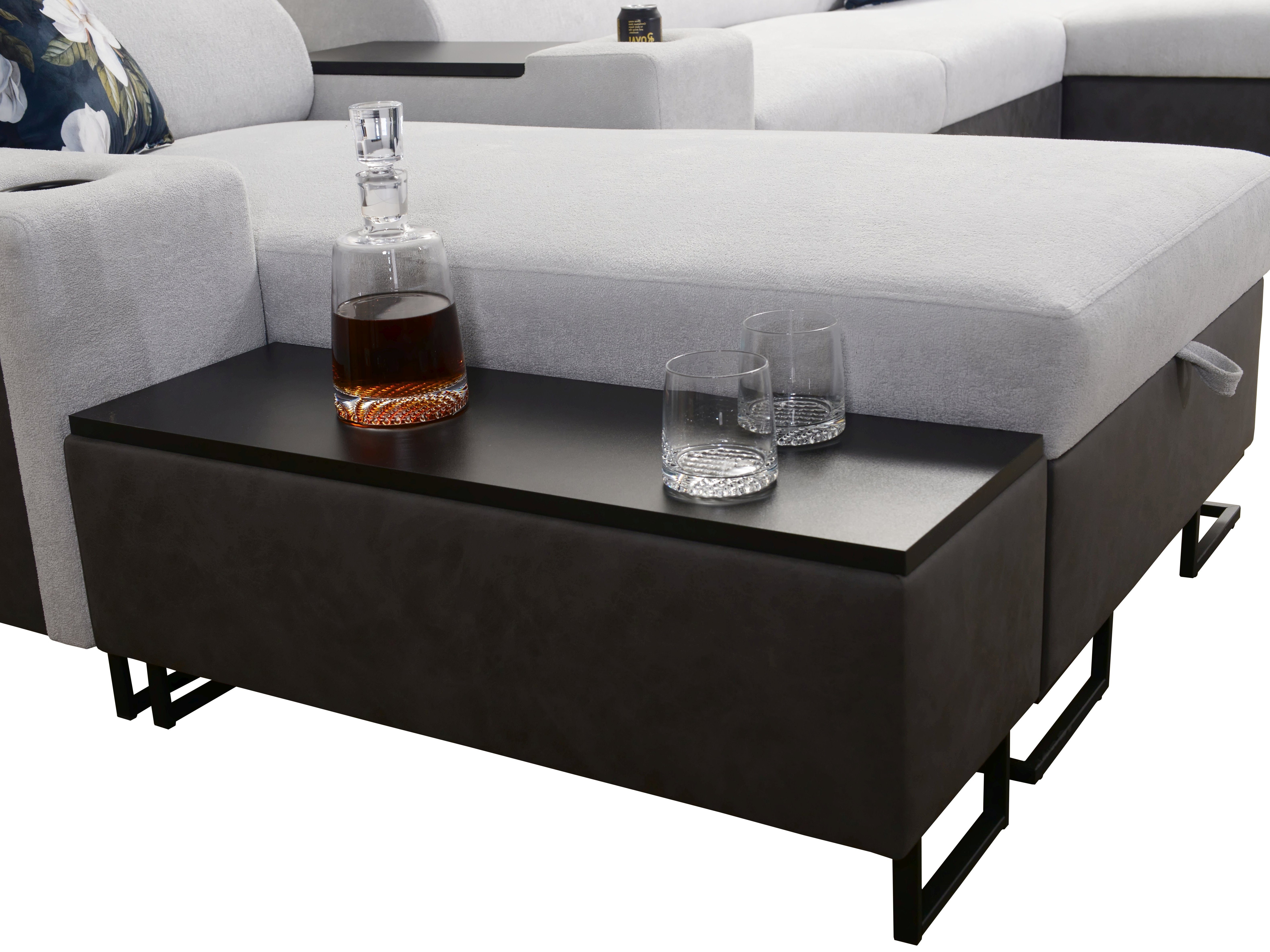 Möbel für Dich Wohnlandschaft in U-Form Melody V, mit Ablagetisch, Barfach, USB, Becherhalter, Bettfunktion, Bettkasten
