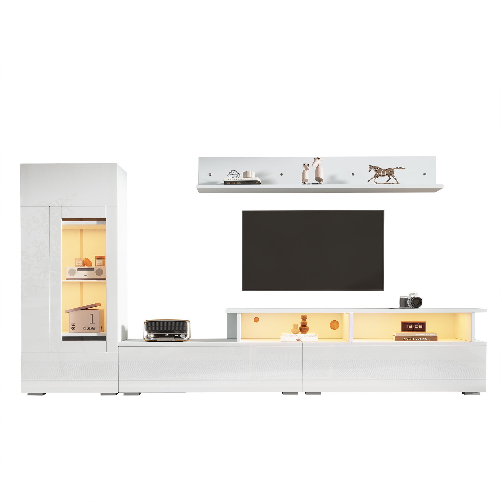 KLAM HOME Wohnwand 3-Teilige Wohnwand Set Mit LED Beleuchtung Und Hochglanz Front, (TV Schrank Vitrine Und Hängeregal Weiß Für TV Bis 75 Zoll), Modernes Wohnzim – Bild 2 von 5