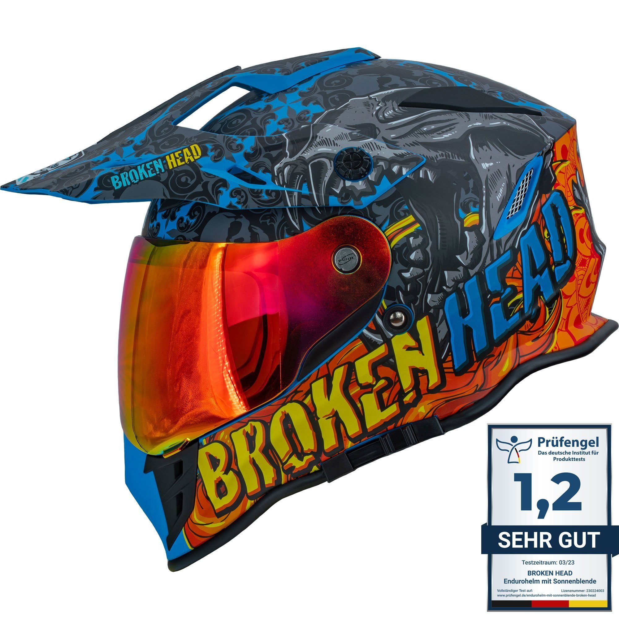 Motorradhelm Broken Head Tigris VX2 Endurohelm + Rot Verspiegeltes Visier