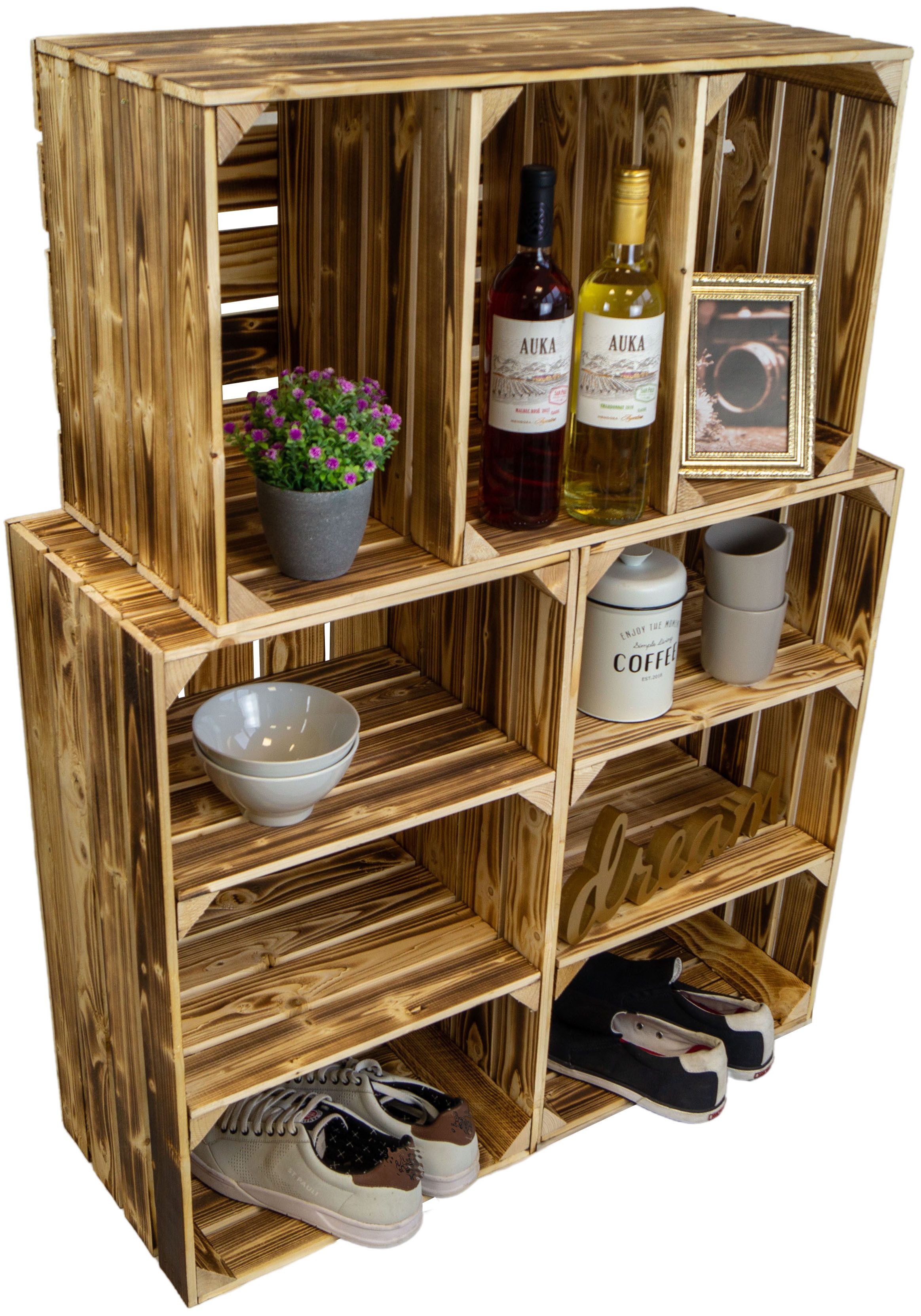 Allzweckkiste 3er Set grosse Holzkiste Willi geflammt Weinregal Nachttisch Ablagereg (Spar-Set)