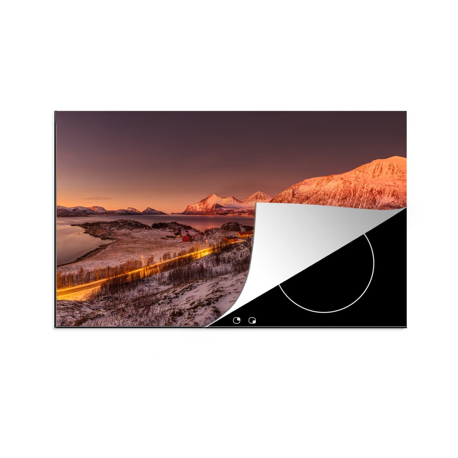 MuchoWow Herdblende-/Abdeckplatte Arktischer Sonnenuntergang über Kvaloya, Vinyl, (1 tlg), 83x51 cm, Ceranfeldabdeckung, Arbeitsplatte für küche