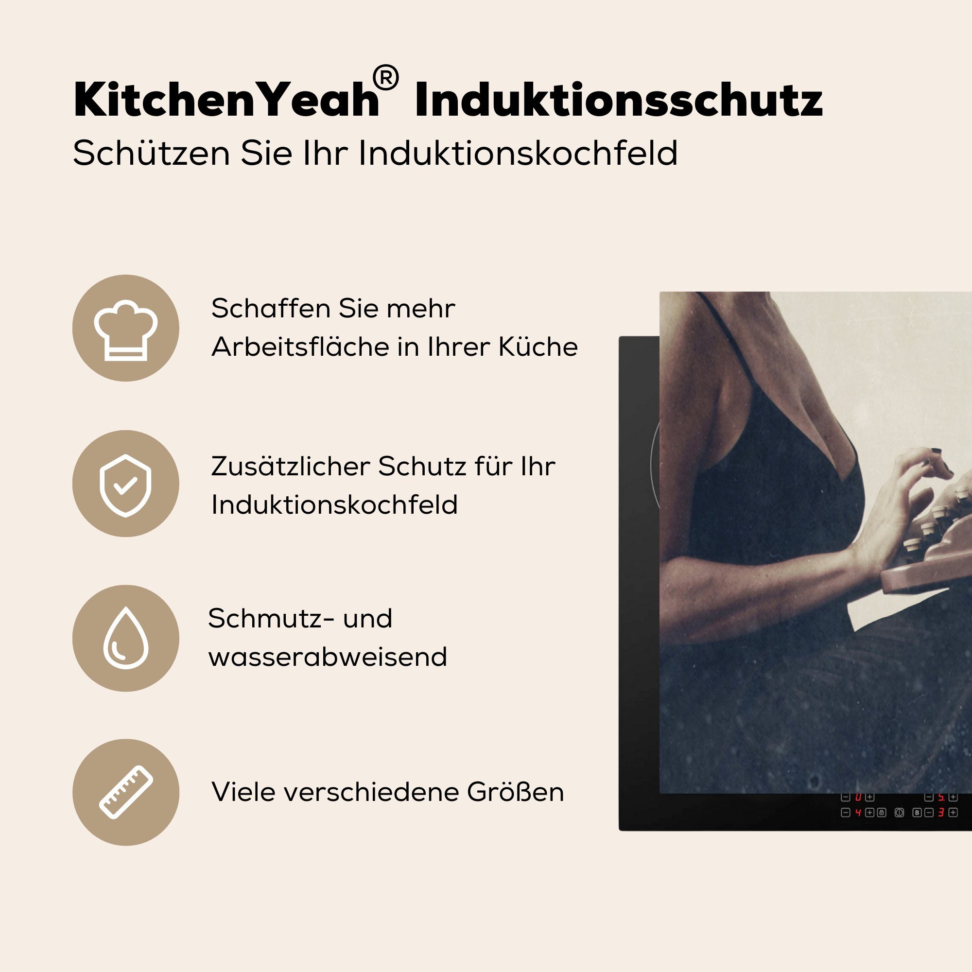 (1 Vintage Vinyl, cm, 83x51 Frau, Ceranfeldabdeckung, tlg), - - Herdblende-/Abdeckplatte für Schreibmaschine MuchoWow Arbeitsplatte küche
