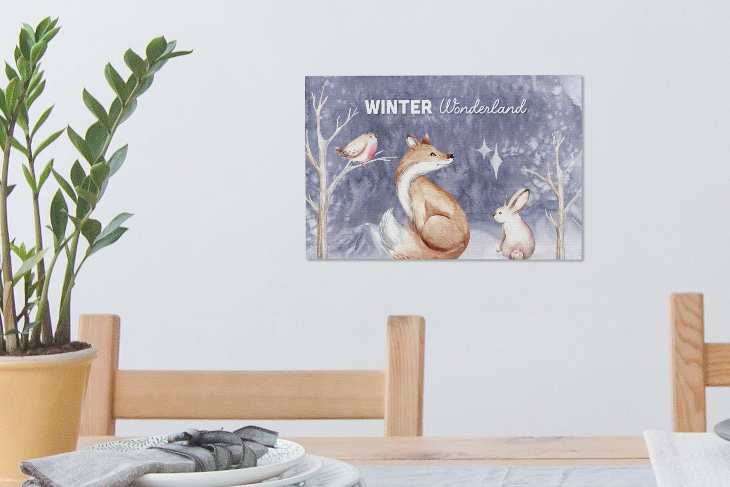 cm Fuchs Leinwandbilder, Wanddeko, Wandbild - - Kaninchen, Aufhängefertig, OneMillionCanvasses® Winter Leinwandbild St), - Vogel 30x20 (1