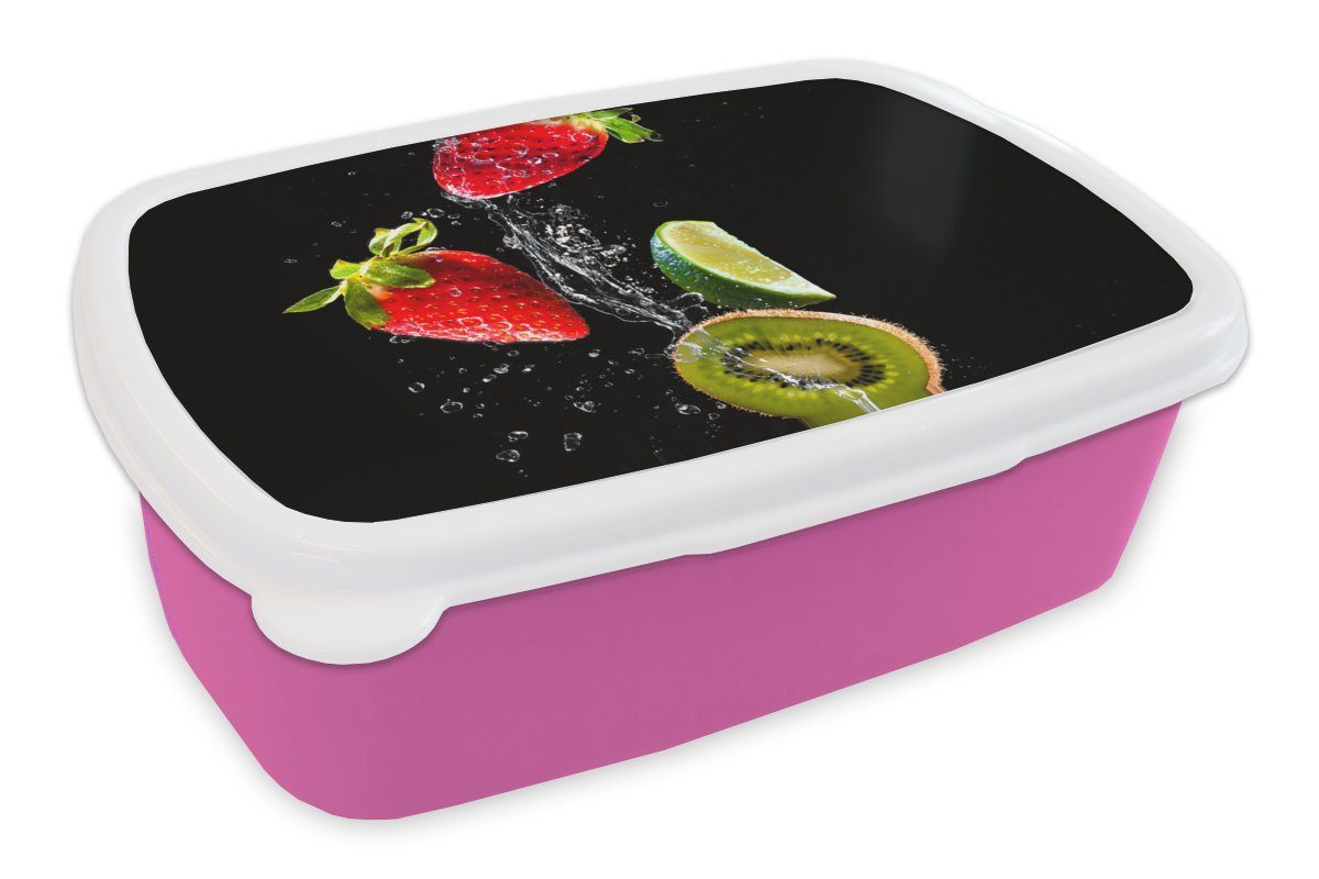 MuchoWow Lunchbox Obst - Wasser - Schwarz - Stillleben Erdbeere - Kiwi, Kunststoff, (2-tlg), Brotbox für Erwachsene, Brotdose Kinder, Snackbox, Mädchen, Kunststoff rosa | Lunchboxen