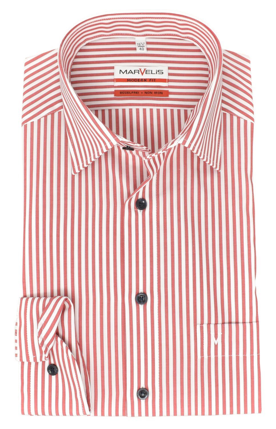 MARVELIS Businesshemd Businesshemd - Modern Marvelis Gestreift - - Langarm-Hemd Gestreift bügelfrei Fit Kentkragen - Rot Rot, 100% Langarm Baumwolle