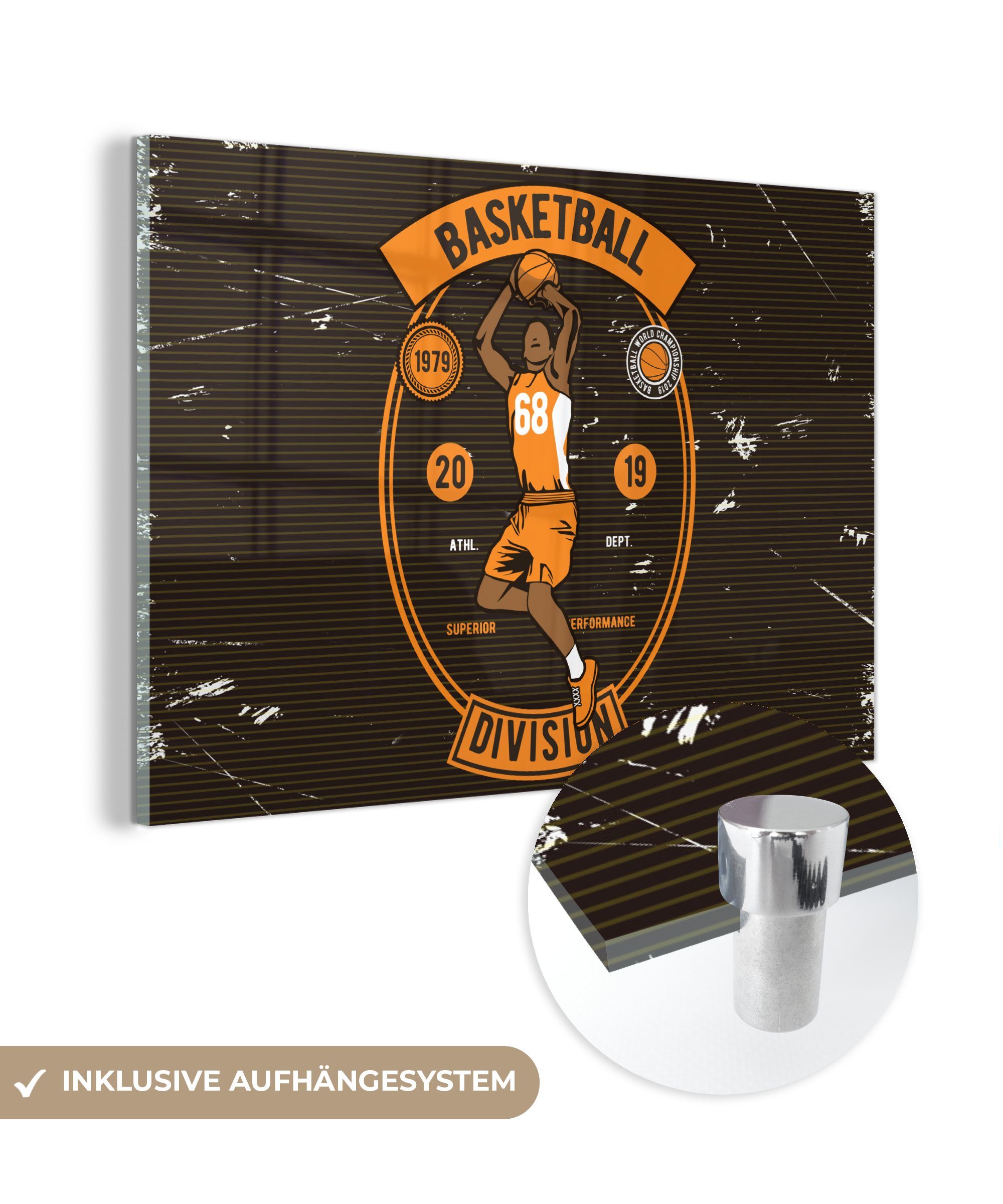 MuchoWow Acrylglasbild Mancave - Basketball - Retro - Orange - Schwarz, (1 St), Glasbilder - Bilder auf Glas Wandbild - Foto auf Glas - Wanddekoration