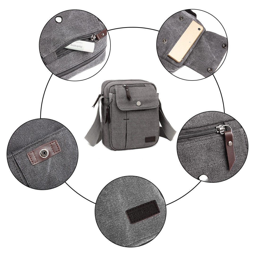 KONO Messenger Bag Langlebige Umhängetasche aus Canvas mit mehreren Taschen