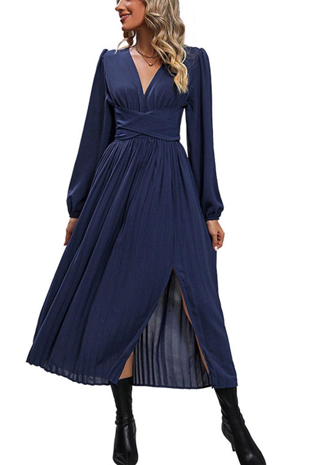 B.X Abendkleid Damen V-Ausschnitt In der Taille binden Cocktailkleid Abendkleid A-Linien-Kleid Einfarbiges Stilvolles plissiertes Kleid Cocktailkleid
