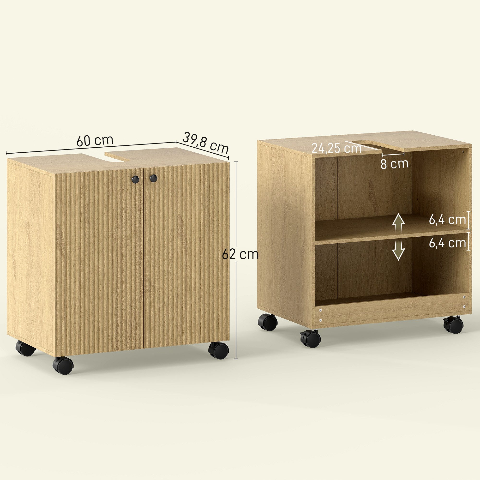 HOMCOM Waschbeckenunterschrank Waschtischunterschrank, Badschrank mit Rolle, Soft-Close Türen (Badezimmerschrank, 1-St., Unterschrank) für Badezimmer, Eiche – Bild 3 von 5