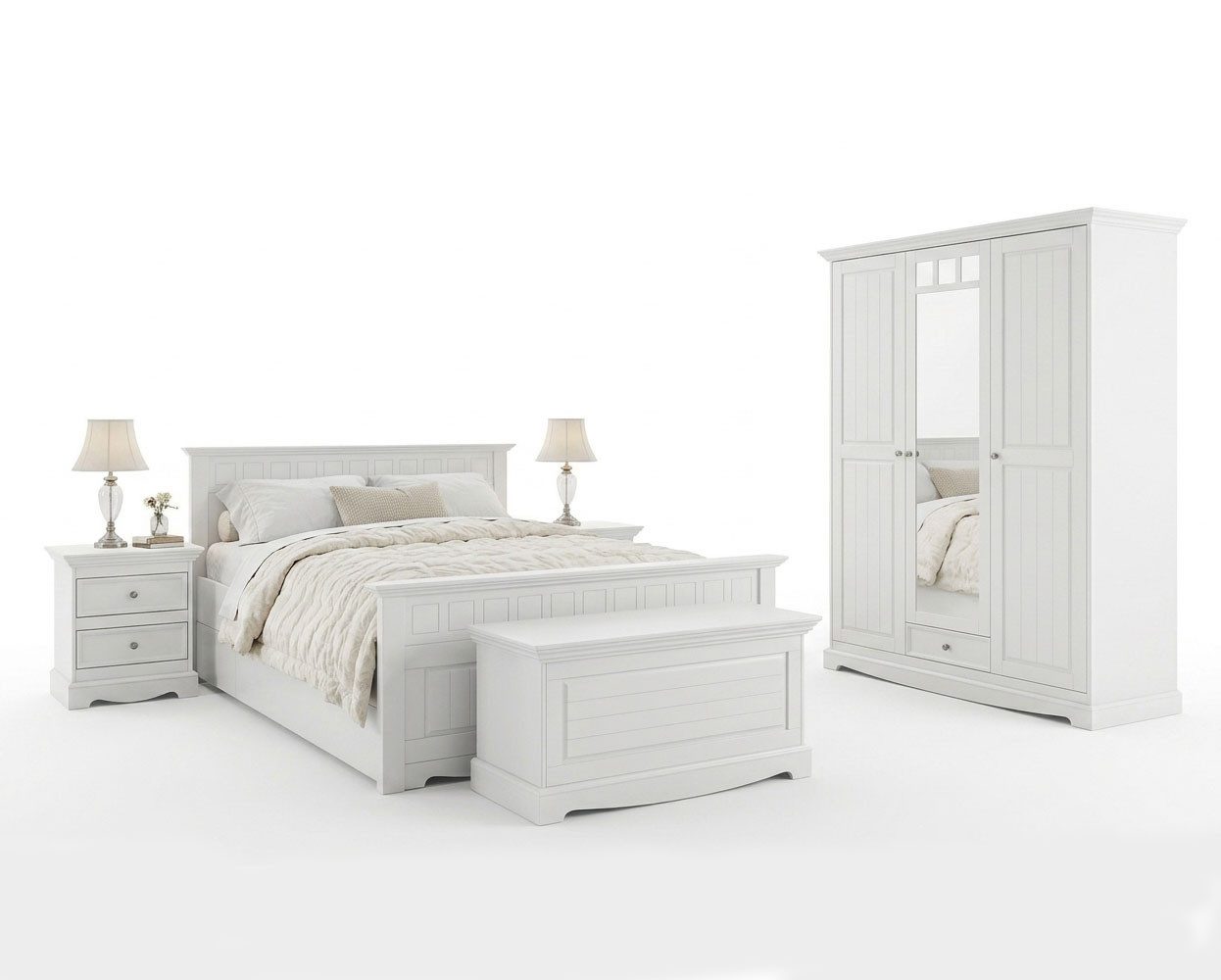 Feldmann-Wohnen Schlafzimmer-Set Belluno Elegante, (finnisches Kiefernholz, mit Schubladen, mit Türen, 7-tlg., 7-teiliges Schlafzimmer-Set, mit Schubladen, mit Türen), 7-teilig Massivholz Kiefer Weiß