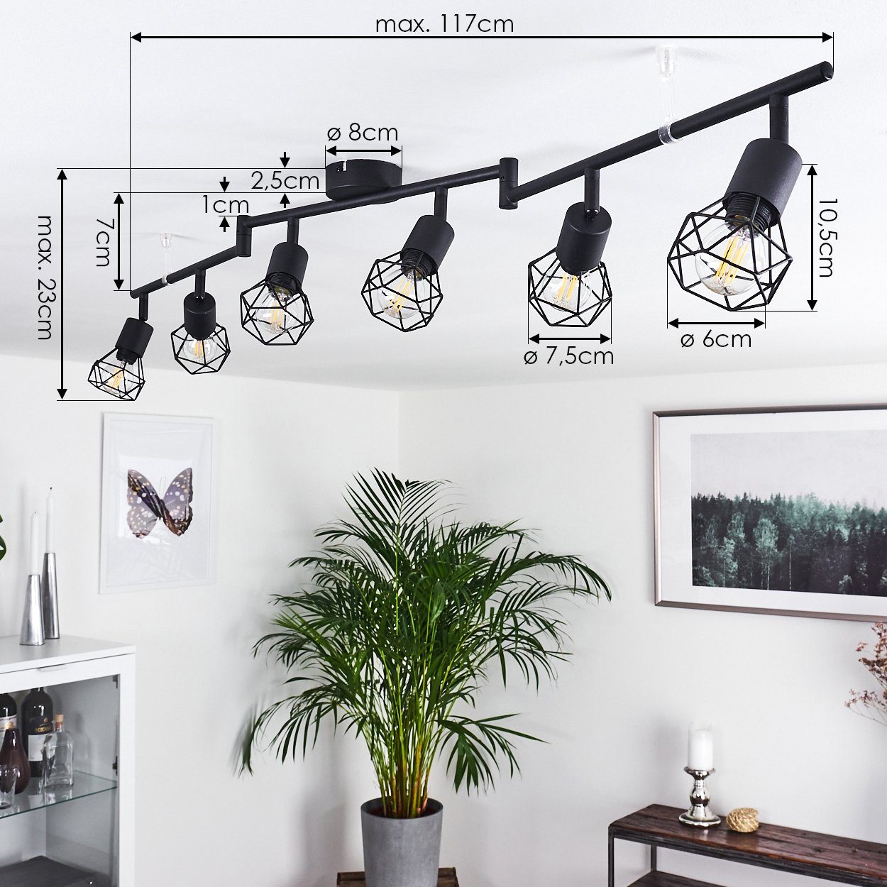 hofstein Deckenleuchte »Borio« 6-flammige Retro Deckenlampe aus Metall schwarz, ohne Leuchtmittel, 6xE14, die Leuchtenköpfe sind dreh-/schwenkbar – Bild 4 von 5