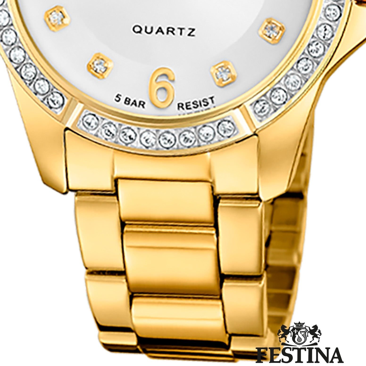 Festina Quarzuhr Festina Damenuhr Mademoiselle, (Analoguhr), Damen Armbanduhr rund, Edelstahlarmband gold, Fashion