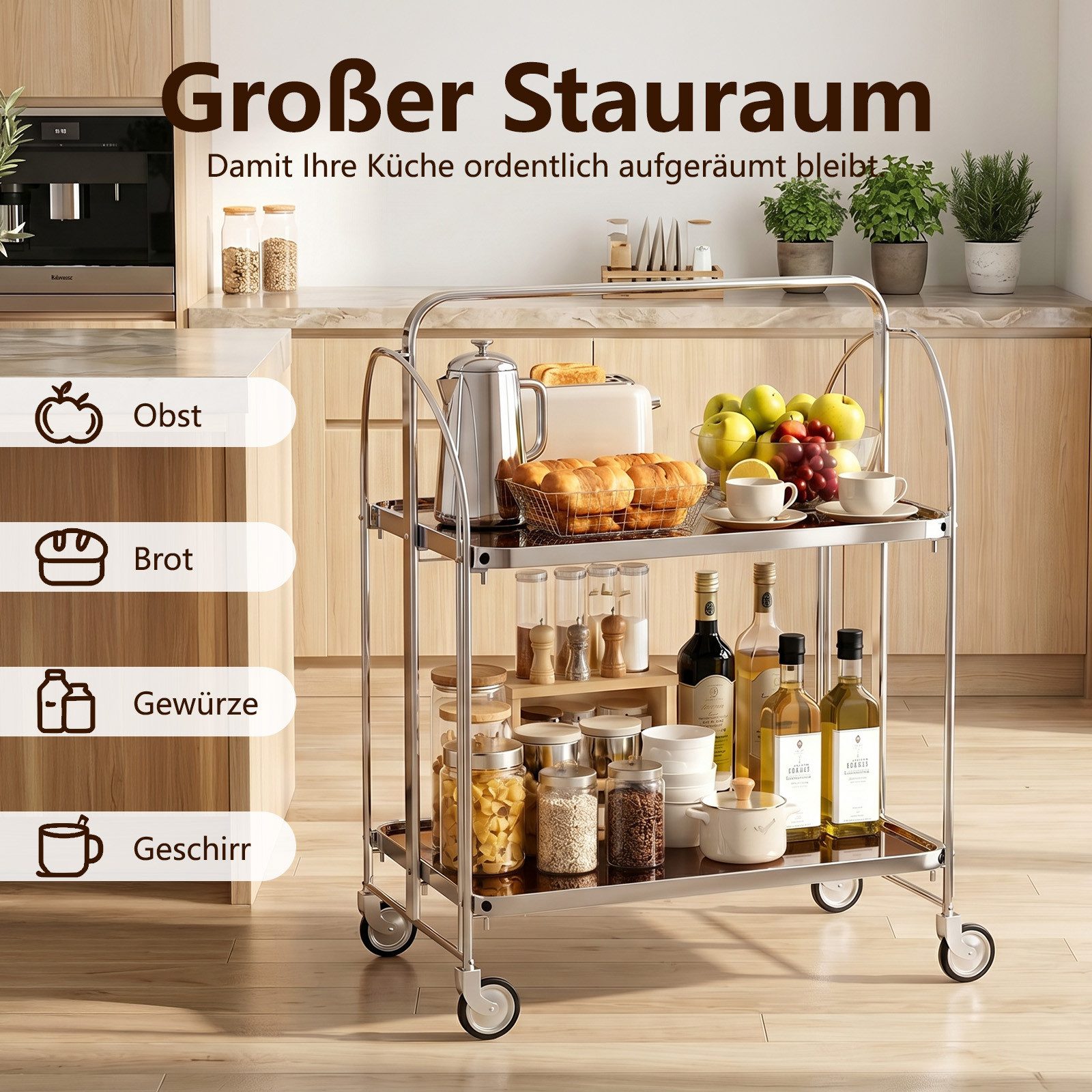 PFCTART Servierwagen Faltbarer Servierwagen mit 2 Glasablagen & Rollen, (Set, 1 St., 68×40×80 cm, Chromgestell für Küche, Bar, Wohnzimmer & Caf), Klappbar, vormontiert, Sicherheitsglas & 2 Rollen mit Bremse