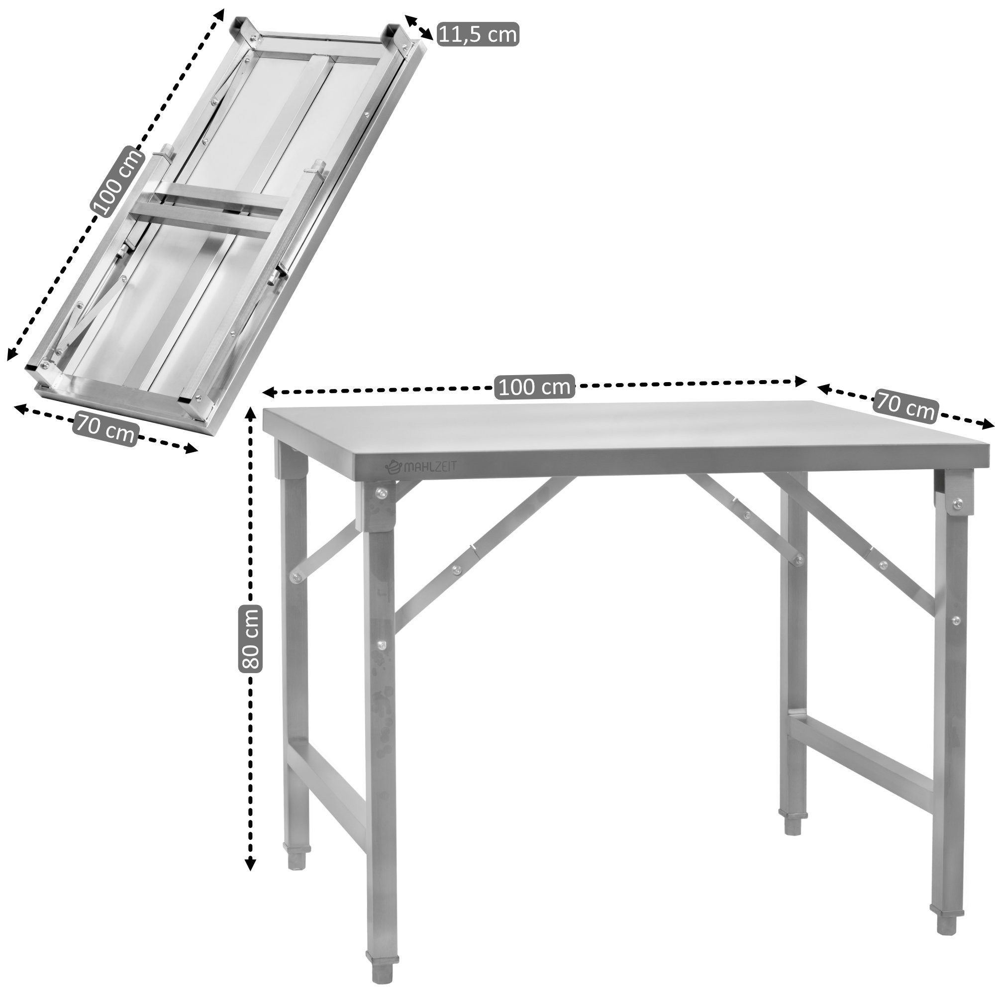 Mahlzeit Küchentisch Edelstahltisch, 100 x 70 x 80 cm, Arbeitstisch Klappbar, Klapptisch (1-St), Langlebig