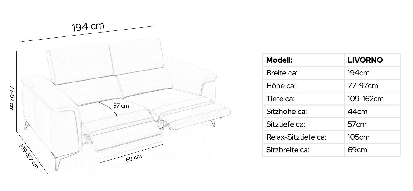 Sofanella 2-Sitzer Stoff LIVORNO, Relaxsofa, Designsofa, Designer Couch, Italienisches Sofa, 2er Sofa
