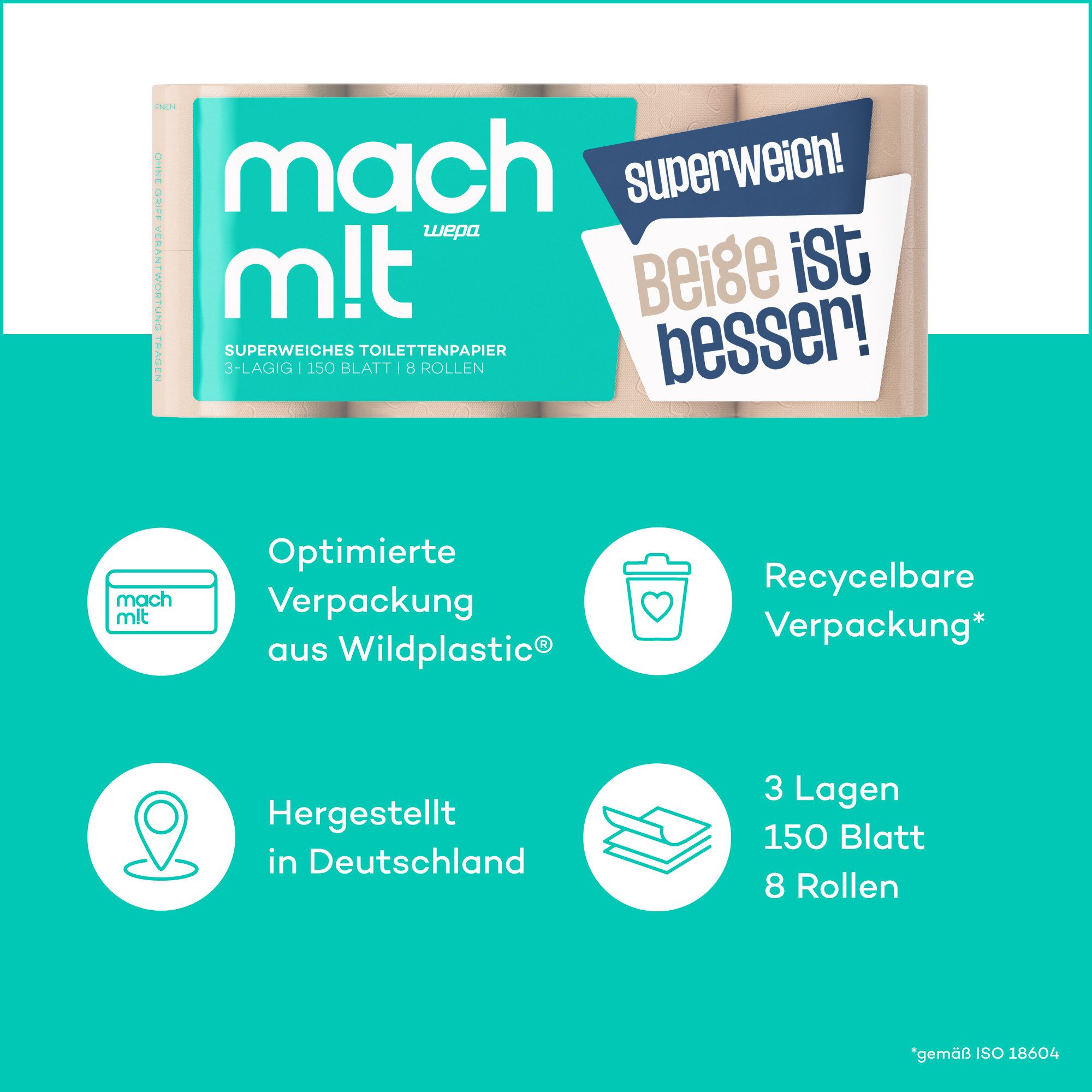 mach m!t Toilettenpapier 3-lagig - extra weich & frei von Bleichmitteln (8-St)