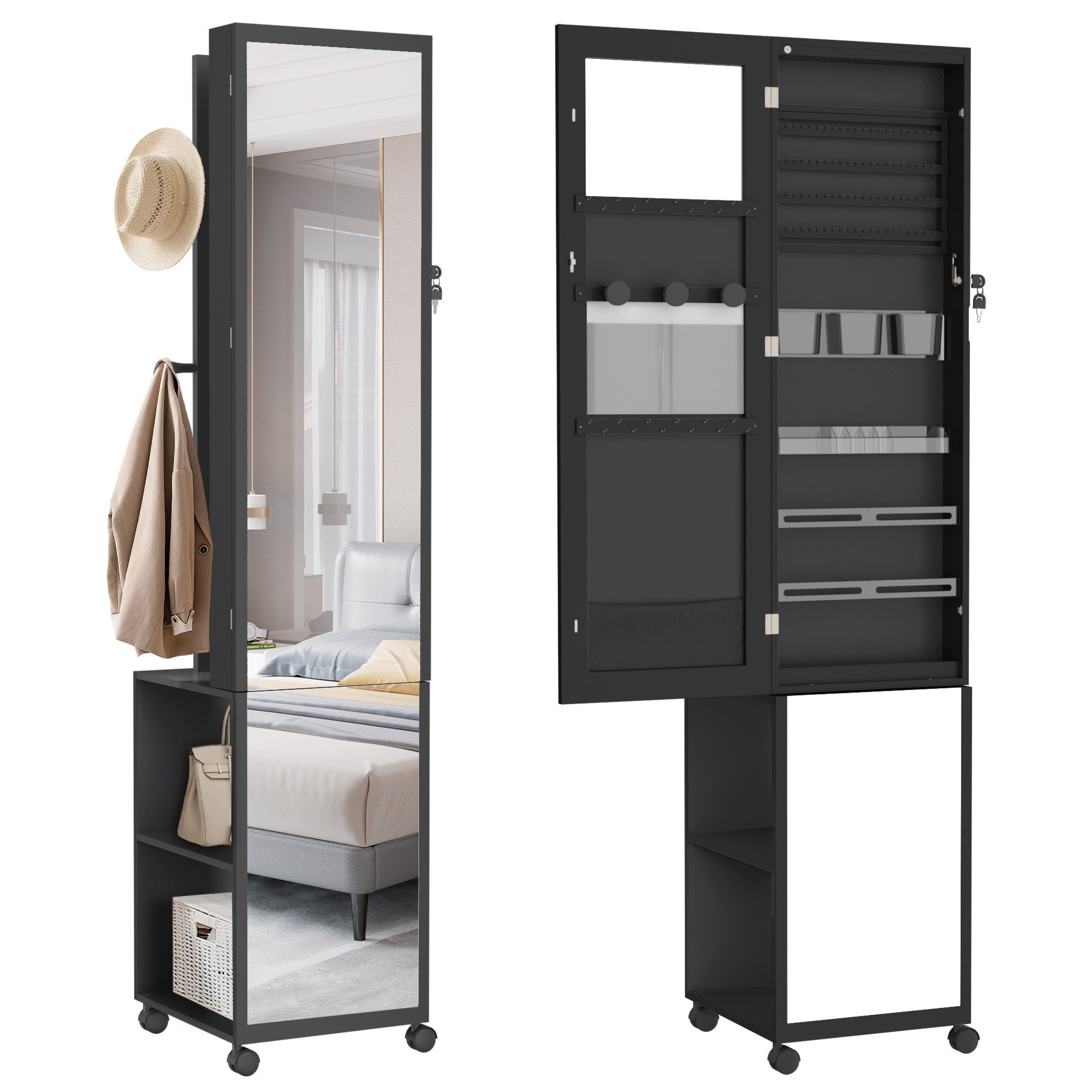 FIVMEN Schmuckschrank Spiegelschrank zur Aufhängen Hängend Abschließbar 2 in 1 Make up Spiegel Schminkschrank Mit Rollen Weiß/Schwarz