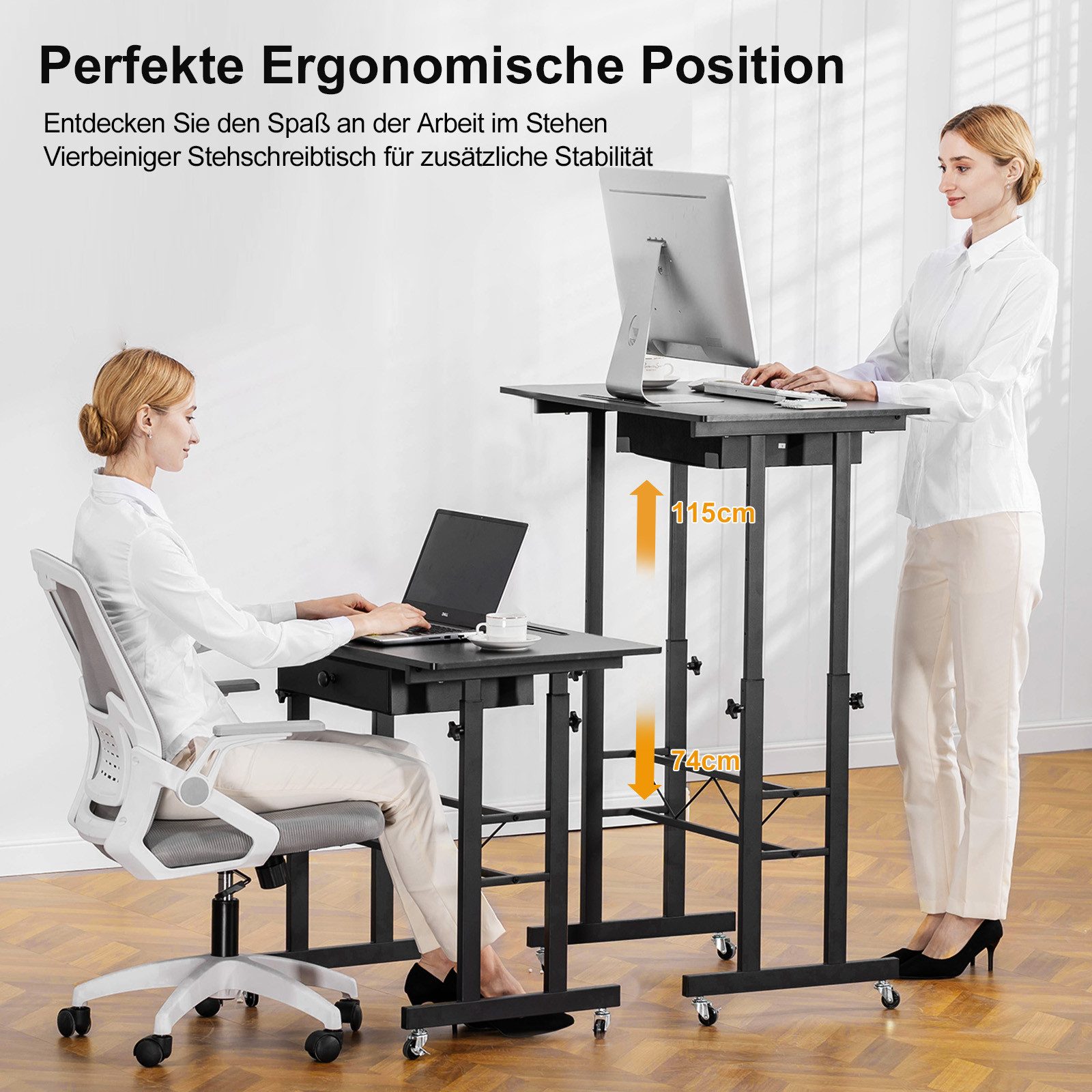 GTPLAYER Eckschreibtisch Höhenverstellbarer Schreibtisch, Computertisch Laptoptisch, mit Schubladen,Tisch höhenverstellbar 80 * 50*(73-115) cm