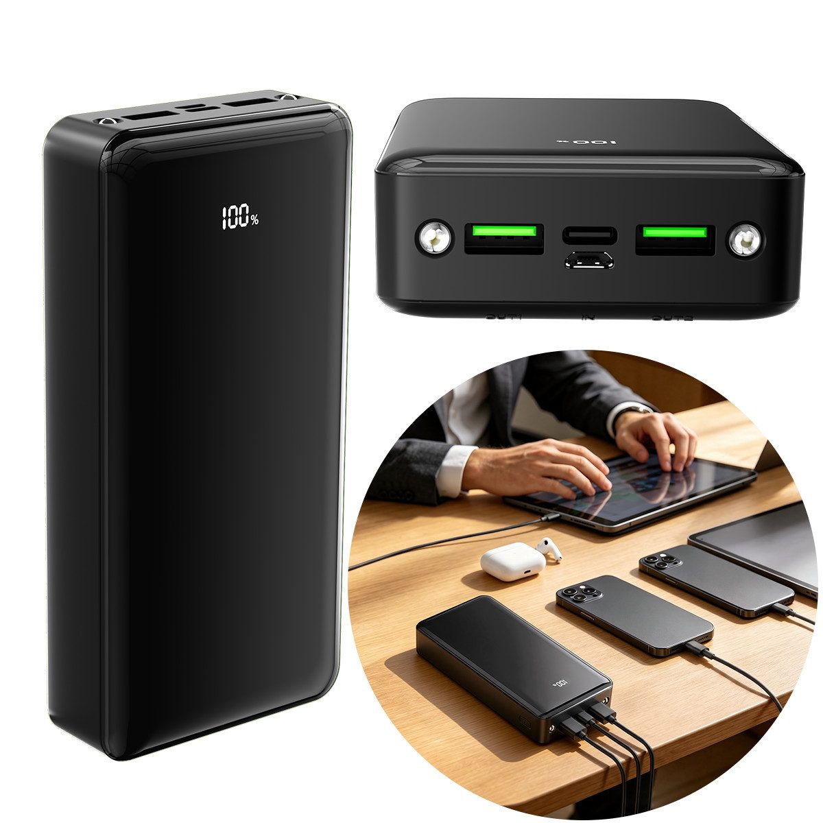 AeroAxis 24000mAh, 4 Ausgänge: 1x USB-C, 2x USB-A, 1x Micro-USB Powerbank 22,5W Schnellladung 24000 mAh