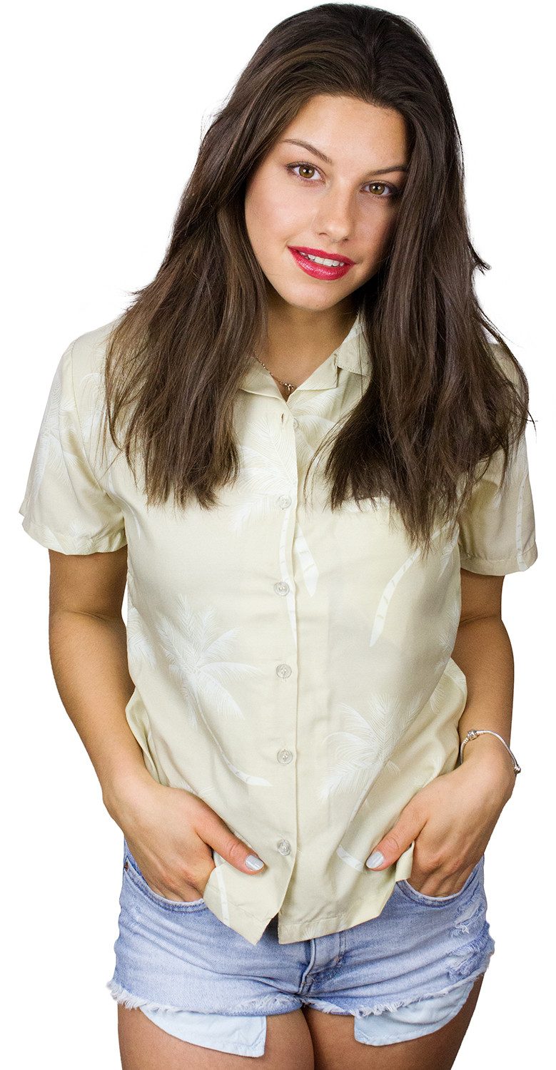 King Kameha Hawaiihemd Palmshadow Funky Hawaiibluse Damen Kurzarm Front-Tasche Stylish
