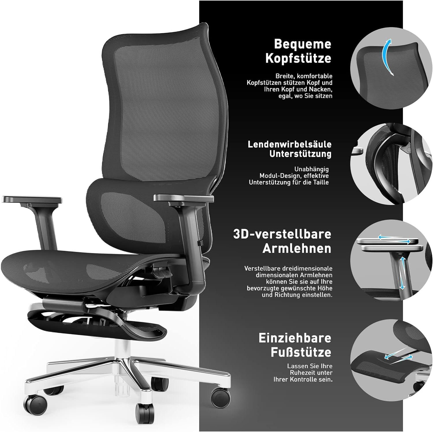 Lendenwirbelstütze), Fußstütze, Bürostuhl mit Bürostuhl Ergonomischer Gaming-Stuhl mit Büro-Liegestuhl (Gamer-Stuhl: JOYFLY Ergonomisch, Gaming-Stuhl