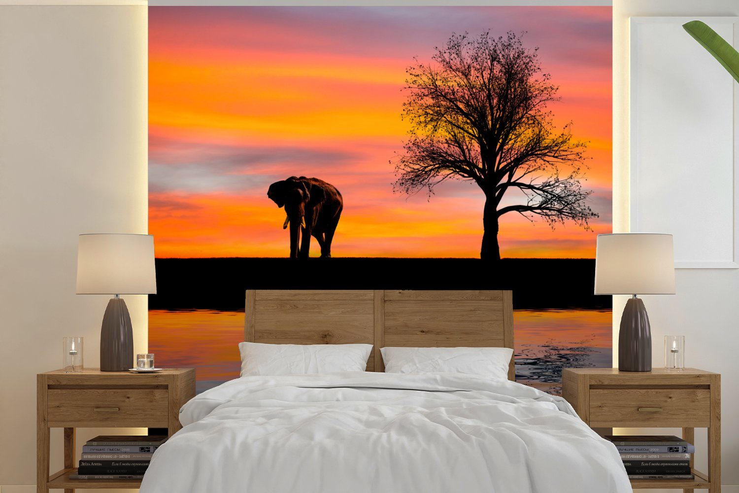 Fototapete Vliestapete Schlafzimmer Wohnzimmer und Elefant Sonnenuntergang, für bedruckt, St), MuchoWow (4 Küche, Matt, Fototapete