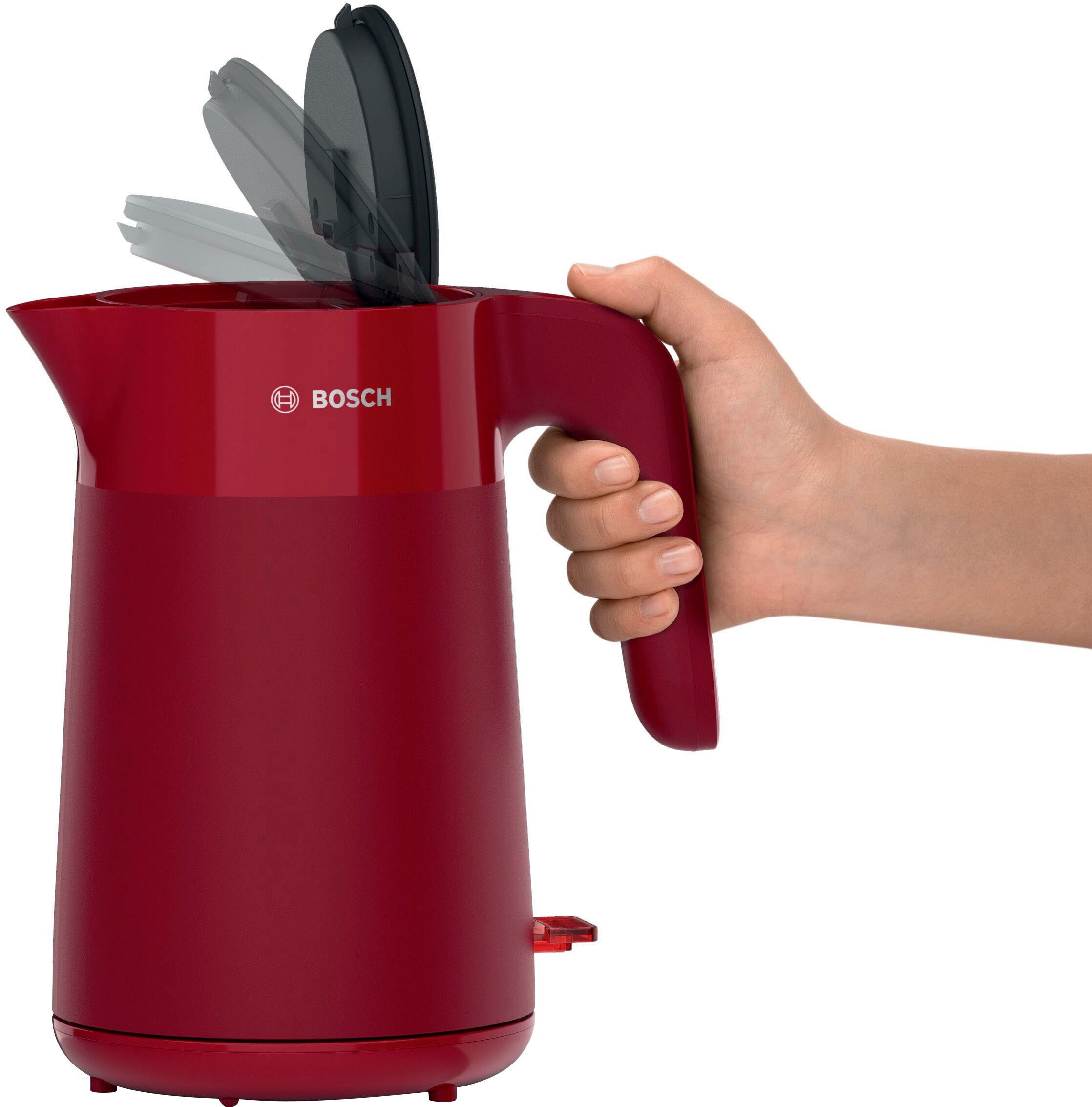 BOSCH Wasserkocher MyMoment TWK2M164, Abschaltautomatik, Überhitzungschutz, Tassenanzeige, 1,7 l, 2400 W, Stiftung Warentest Testsieger (2,2) Ausgabe 03/2025, rot matt