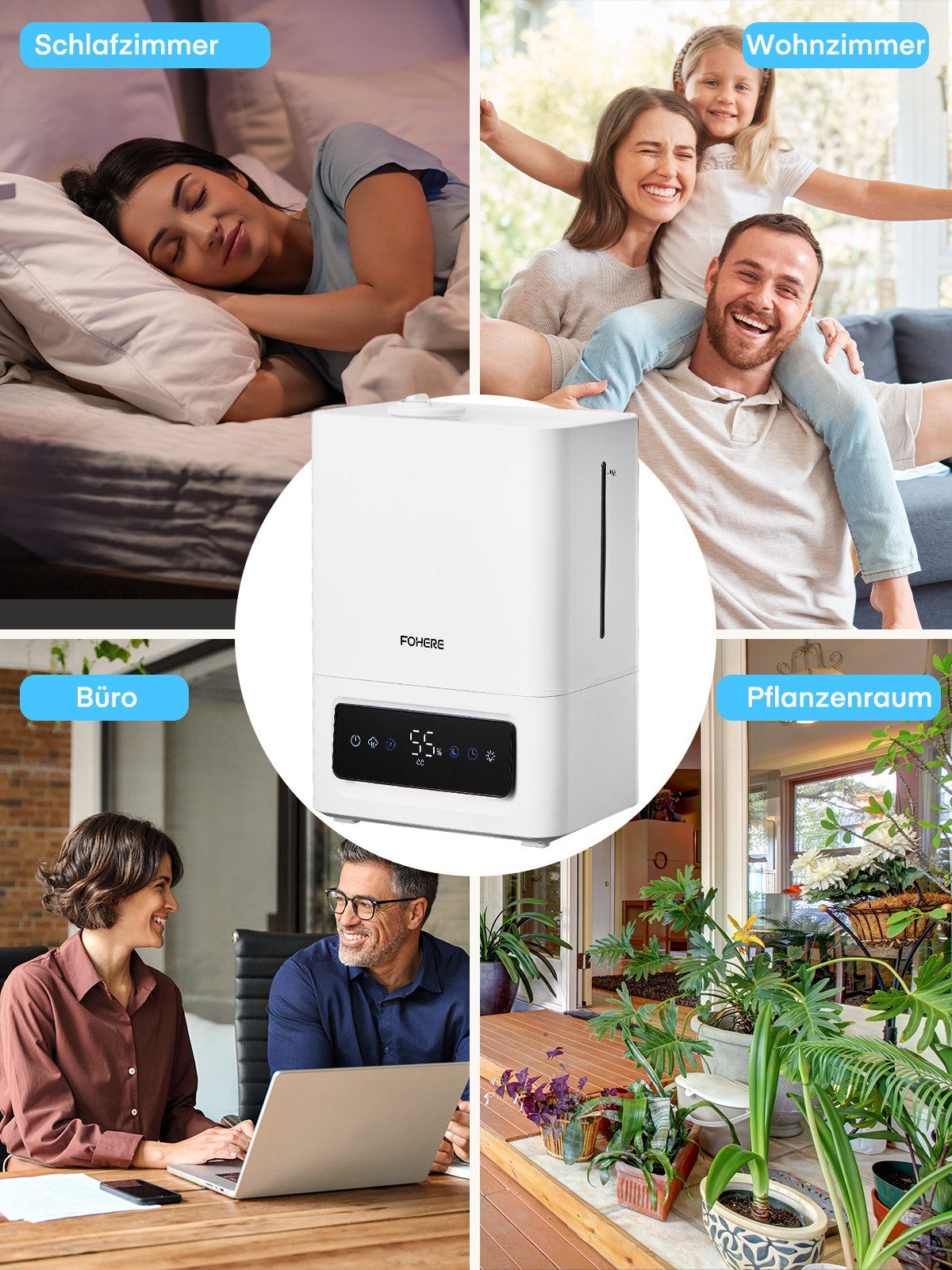 FOHERE Luftbefeuchter 60H Kaltnebel leiser Humidifier für Kinderzimmer, Pflanzen, 6 l Wassertank, 28dB Ultra Leise, Präziser Feuchtigkeitssensor, 16H Timer