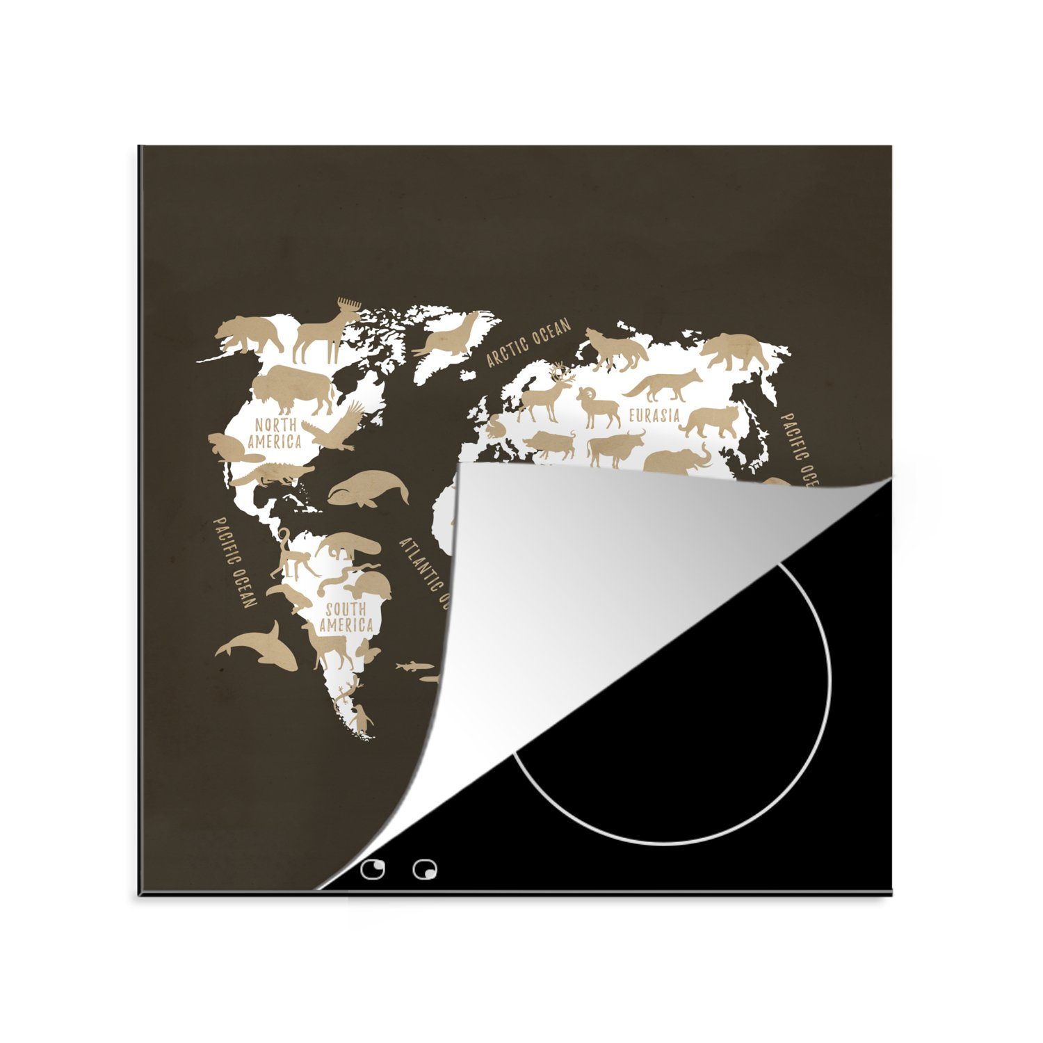 - Weiß Ceranfeldabdeckung, Arbeitsplatte für Tiere, Weltkarte Herdblende-/Abdeckplatte MuchoWow Vinyl, küche 78x78 (1 - tlg), cm,