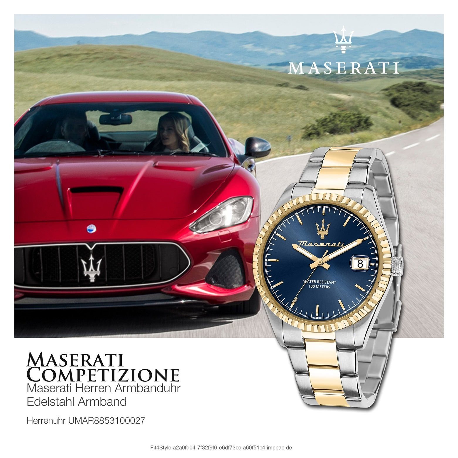 Italy Quarzuhr (ca. Herrenuhr Edelstahlarmband, MASERATI 43mm) groß Made-In Maserati Herrenuhr bicolor COMPETIZIONE, rund,