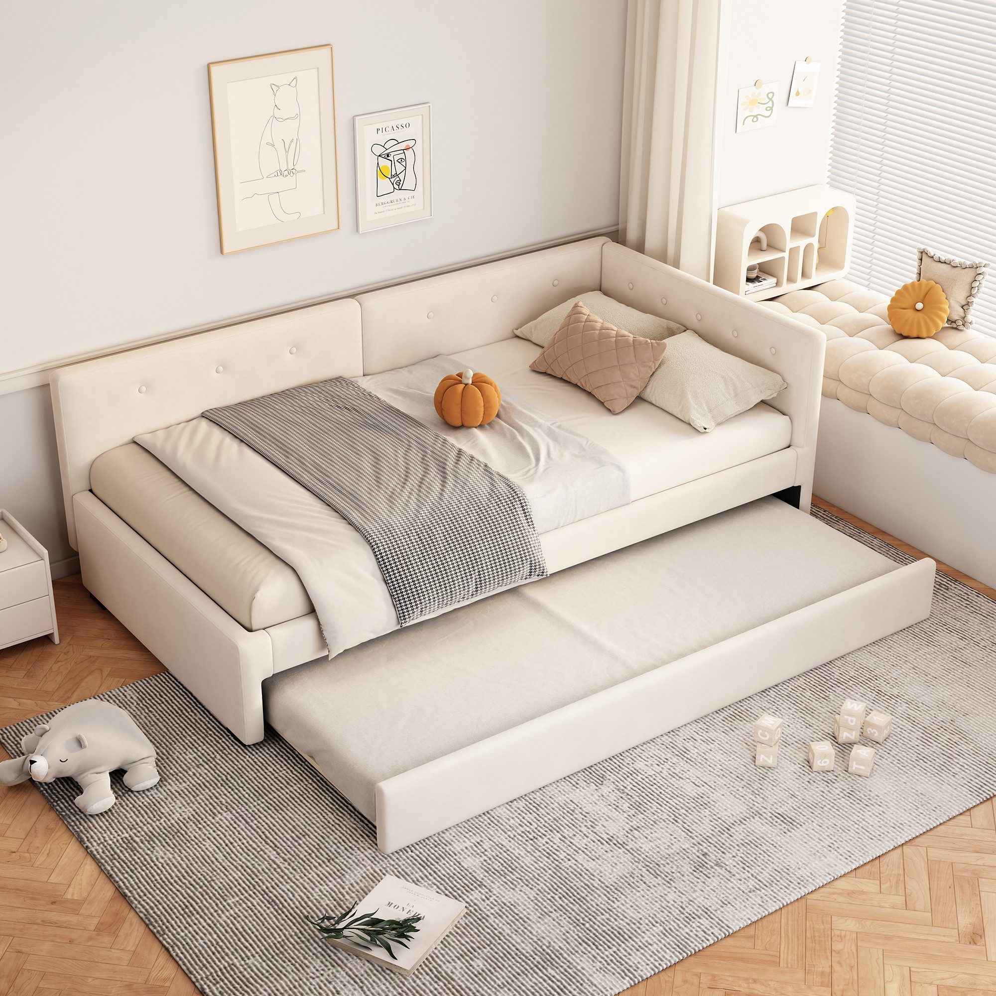 STILVORA Schlafsofa mit bettfunktion,Polsterbett 90x200,Tagesbett ausziehbar, Bettgestell aus Holz, minimalistisches Styling, Ohne Matratze
