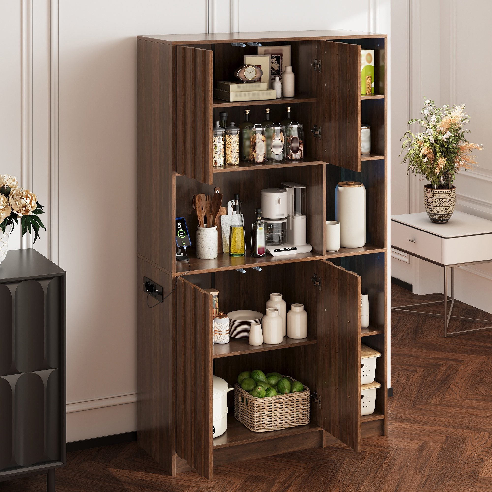Odikalo Hochschrank Küchenschrank Sideboard mit LED, Küchenregal mit Steckdose (Küchenschrank Hochschrank 4-stöckiges vertikales Auszieh-Gewürzregal Weinregal u – Bild 2 von 5