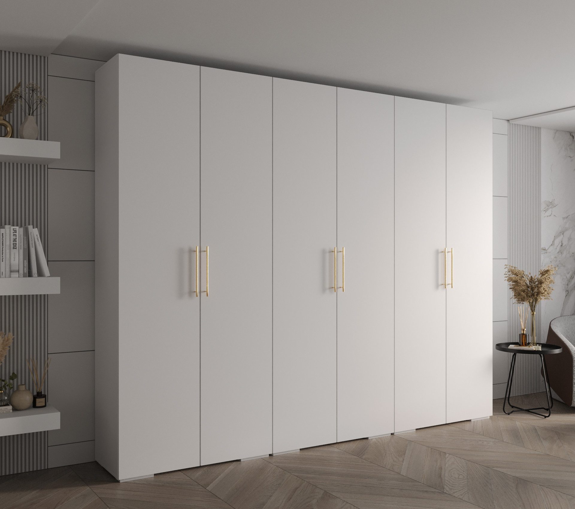MOEBLO Schrankmodule IVONA 3 (goldene Griffe, elegante Garderobe, glamouröser Stil, Schrank Garderobe Schiebtüren Schlafzimmer, Modularer Kleiderschrank)