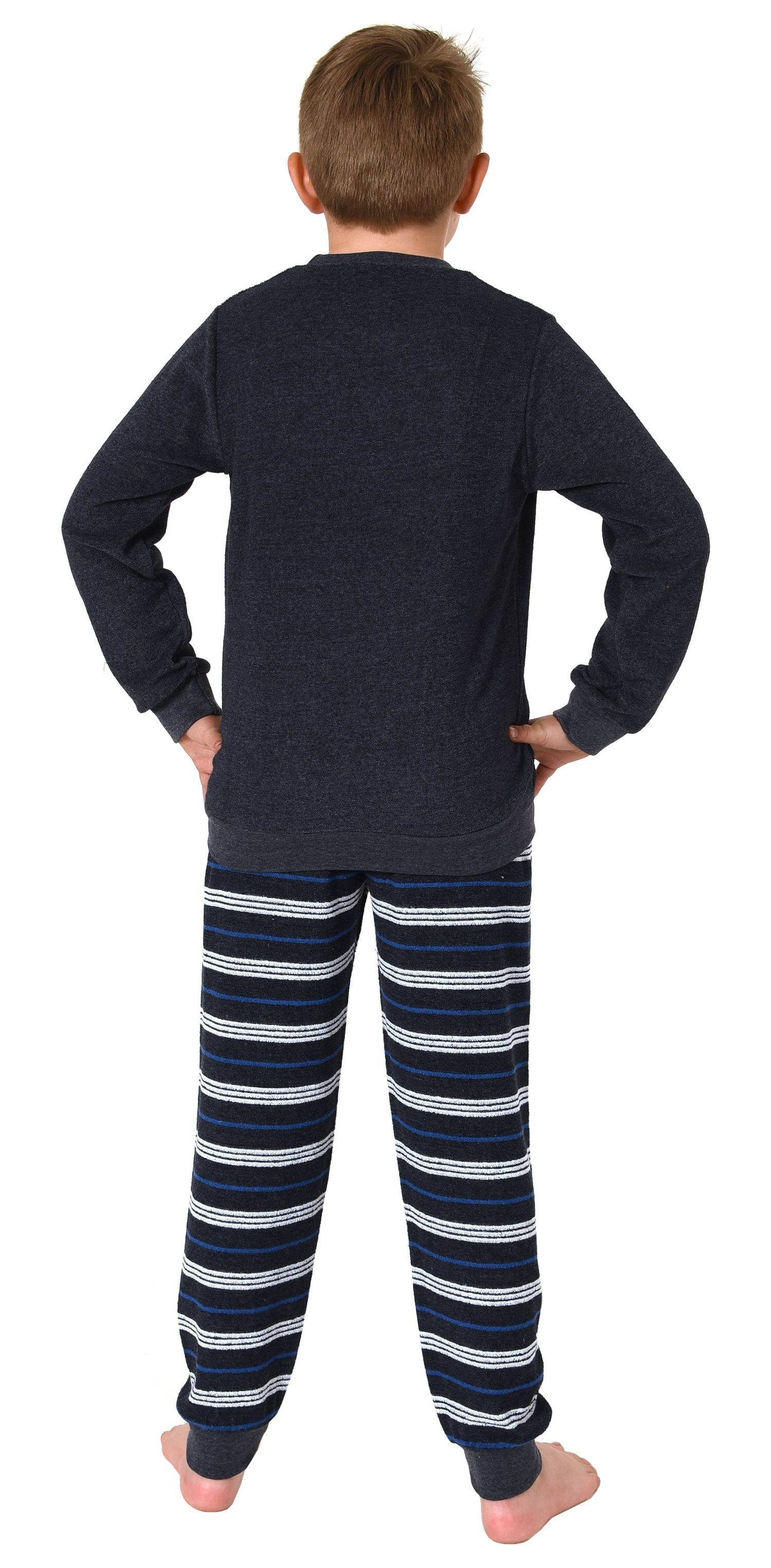 Frottee Normann Bündchen Pyjama Schlafanzug und Fussball-Motiv mit marine langarm Jungen
