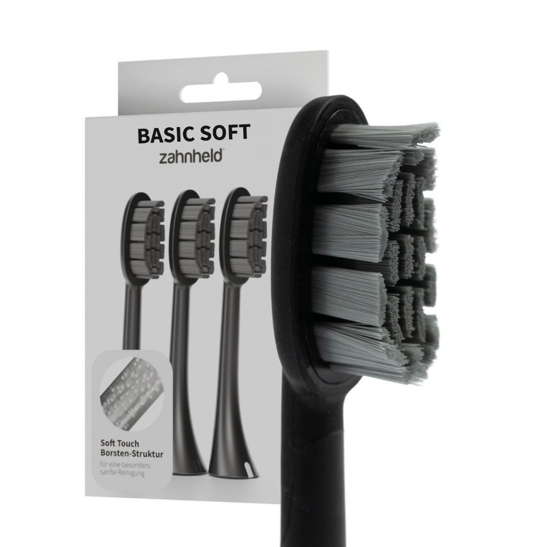 Zahnheld Aufsteckbürsten Ersatzbürsten Basic Soft - ideal für Schallzahnbürste Gero, im 3er, 6er oder 9er Set, Zahnpflege Set, sensibles Zahnfleisch & Zähne, plastikfrei verpackt, 3 Stück, schwarz