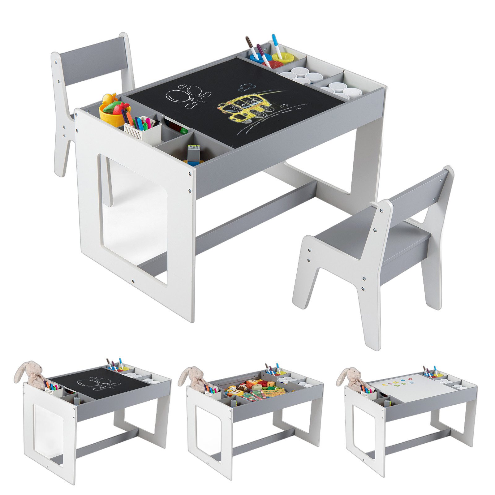 COSTWAY Kindersitzgruppe, (3-tlg), mit 2 Stühle, doppelseitiger Tischplatte