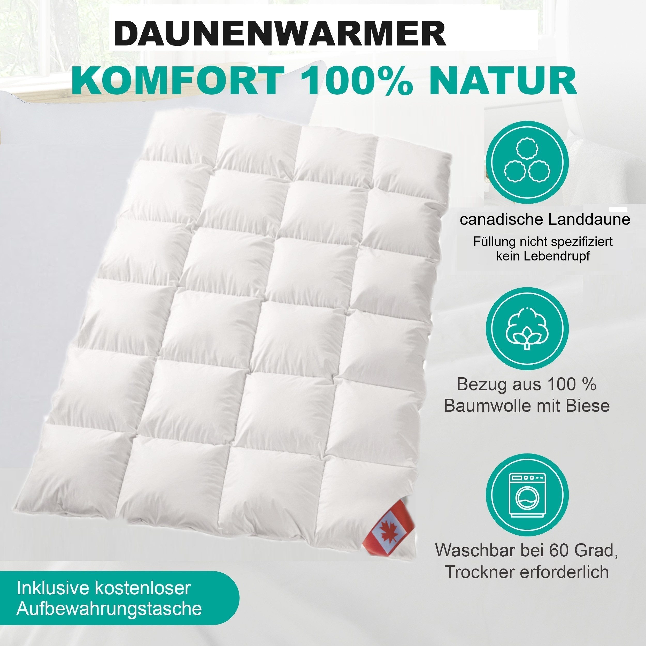 Canada Daunenbettdecke warme Winter Daunendecke Kassetten, Füllung: Daune, Füllung nicht spezifiziert, Bezug: 100% Baumwolle, hergestellt in Deutschland, Lieferung direkt vom Bettenfachgeschäft
