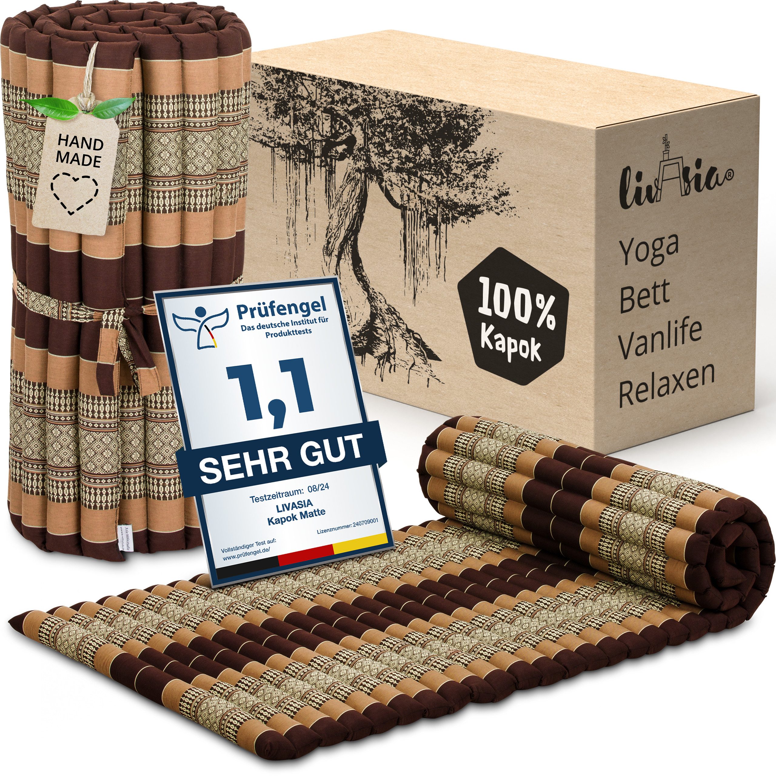 Reisebett-Matratzen Rollmatte 75 cm breit, vegan und handgefertigt, 200x75x4,5cm, livasia, 4.5 cm hoch, Kapok