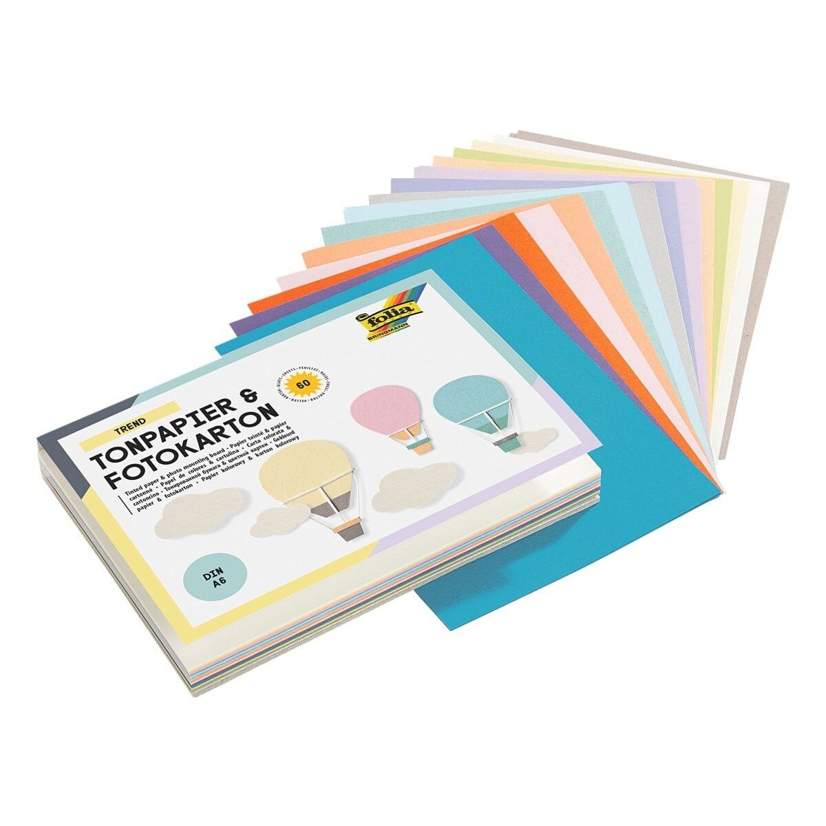 Folia Tonpapier/ Blatt Fotokarton Set in 60 Format A6, 15 Pastellfarben, TREND, Bastelkartonpapier