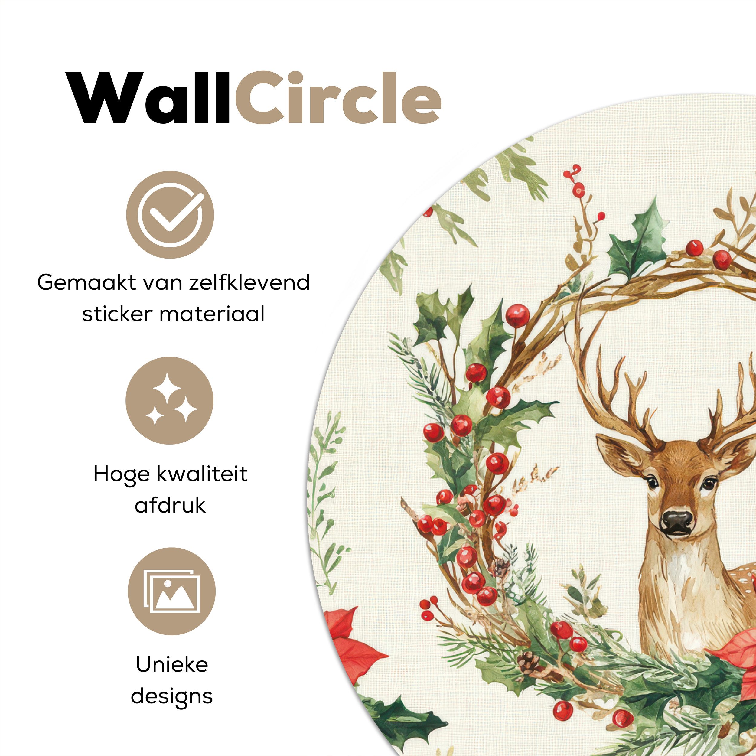 MuchoWow Wandsticker Weihnachtskranz - Hirsch - Stechpalme - Rot (1 St), Selbstklebende Runde Vliestapete, Wohnzimmer, 140x140 cm