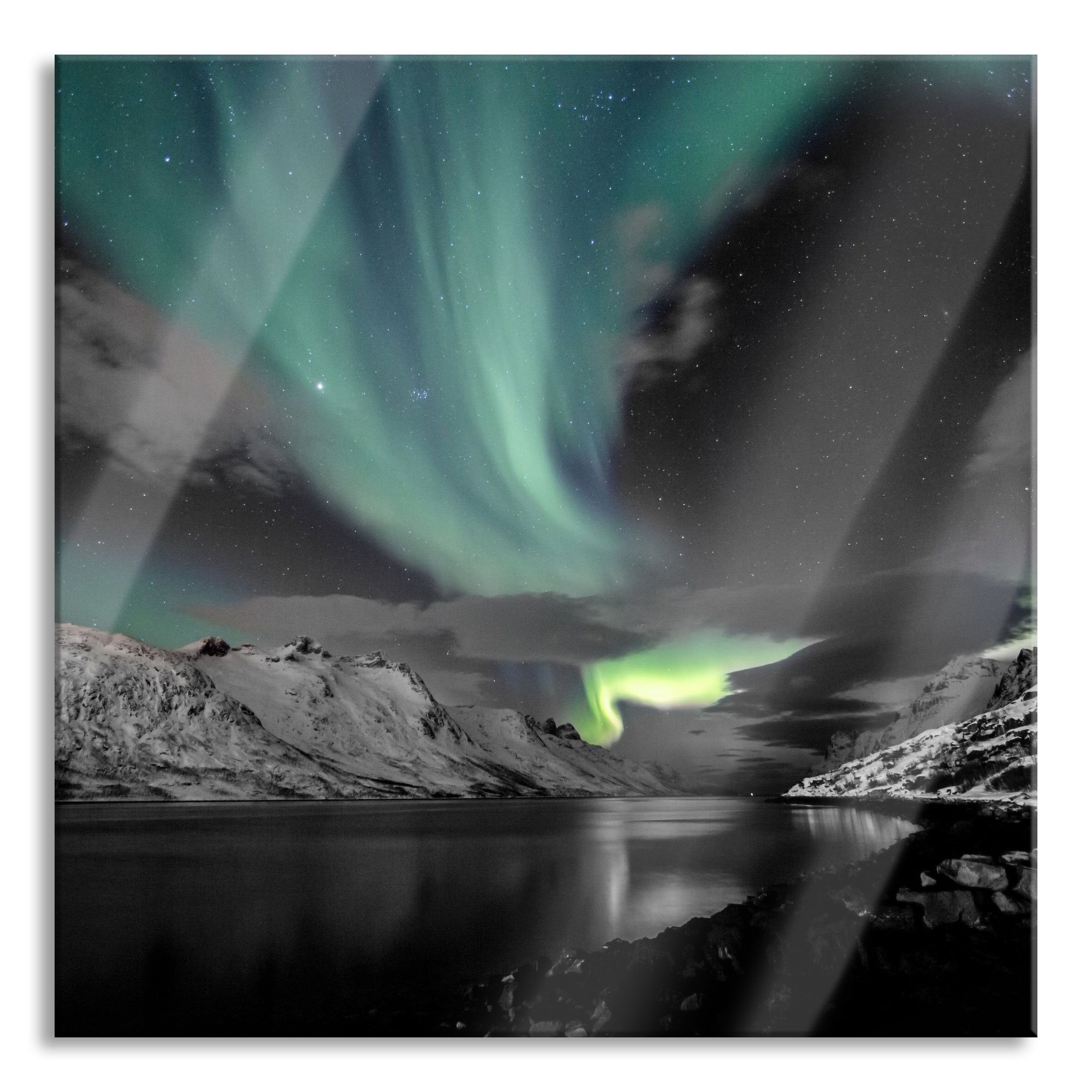 Pixxprint Glasbild Polarlichter über Bergen, Polarlichter über Bergen (1 St), Glasbild aus Echtglas, inkl. Aufhängungen und Abstandshalter