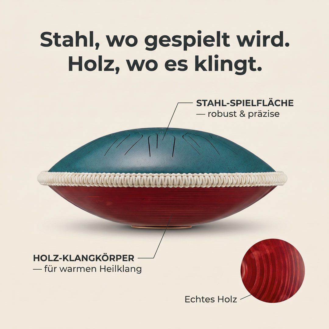Sonodrum Steel Tongue Drum Zungentrommel "Meditation" mit Pickup & Holzkörper, 15 Töne C-Dur