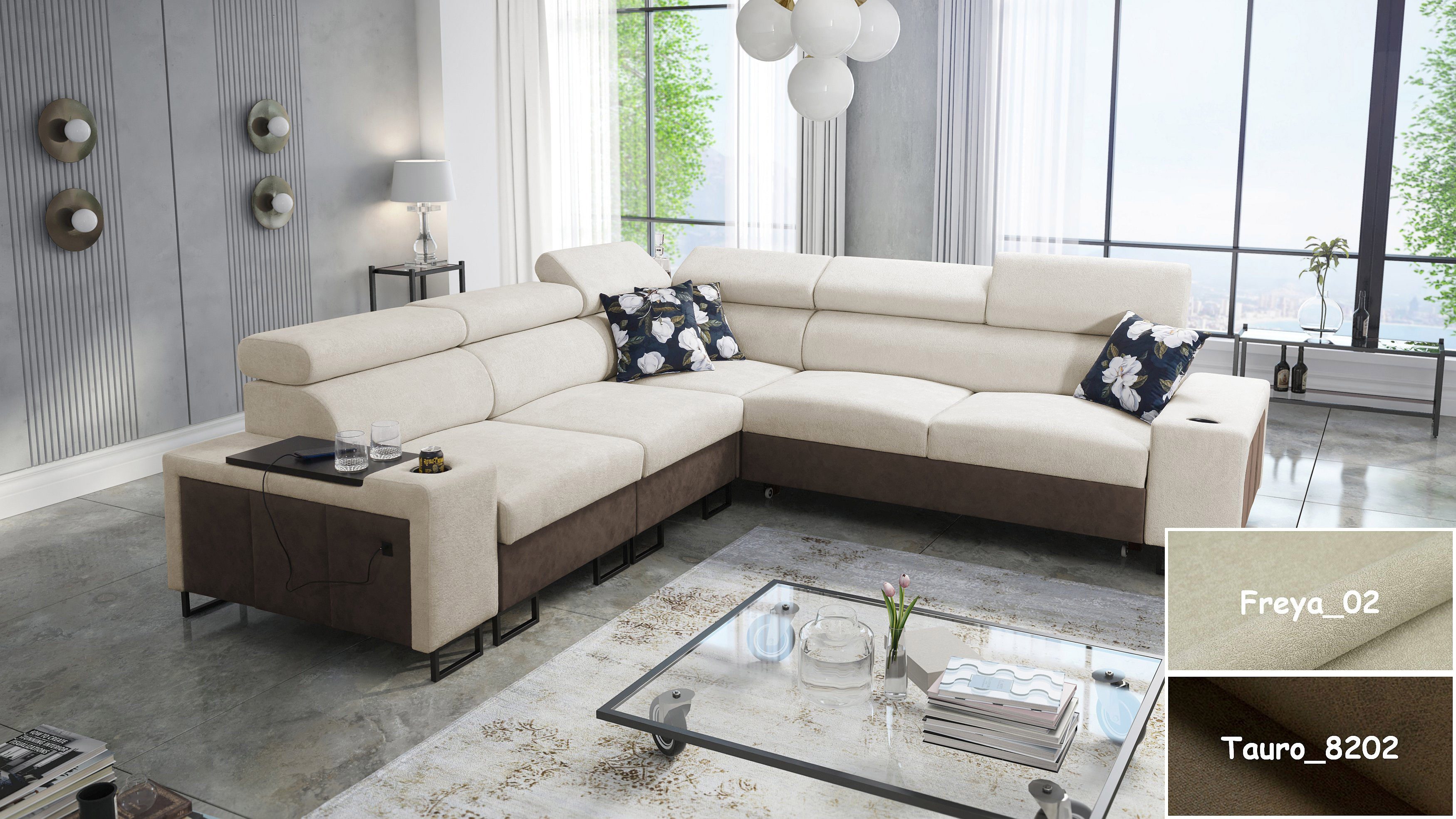Möbel für Dich Ecksofa Melody III, mit USB, Ablagen, Barfach, Schlaffunktion und 2 Bettkästen