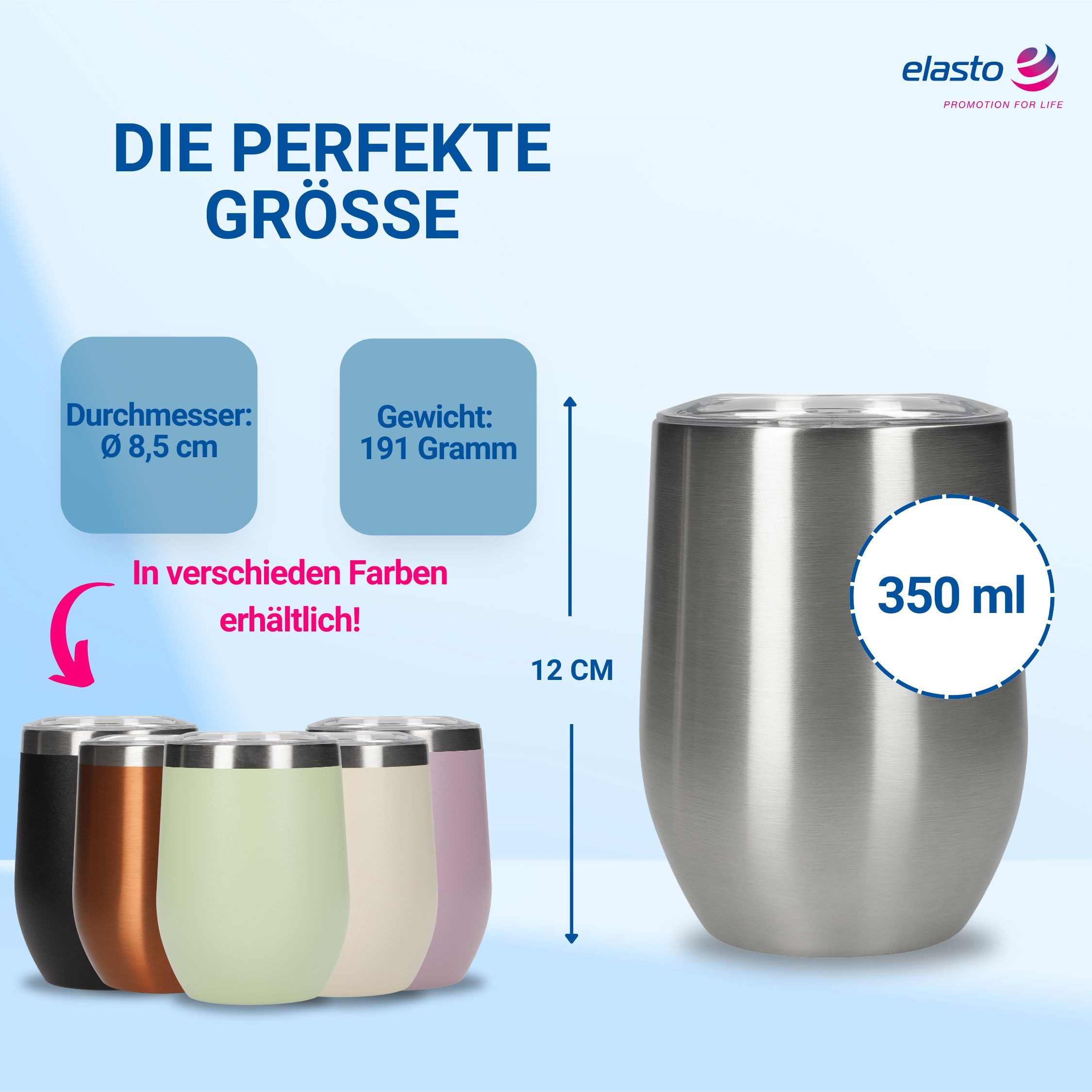 elasto Becher Weinbecher 350 ml Vinova Edelstahl Trinkbecher inkl. Strohhalm, robust, spülmaschinengeeignet, Sommer, Geschenk