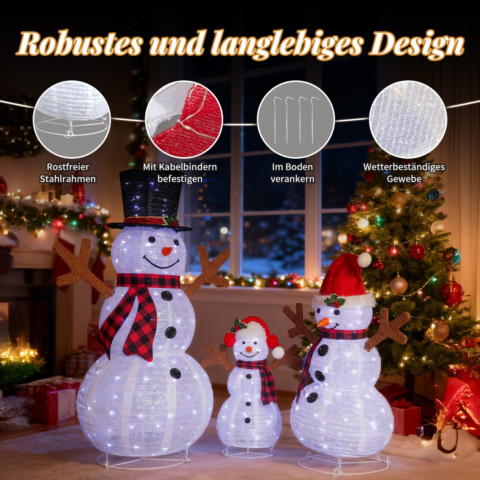 LALAHO Schneemann 3-teiliges LED-Schneemann Weihnachtsfigur, 60/90/120cm mit 300 LEDs Weihnachtsbeleuchtung für Innen und Außen – Bild 4 von 5