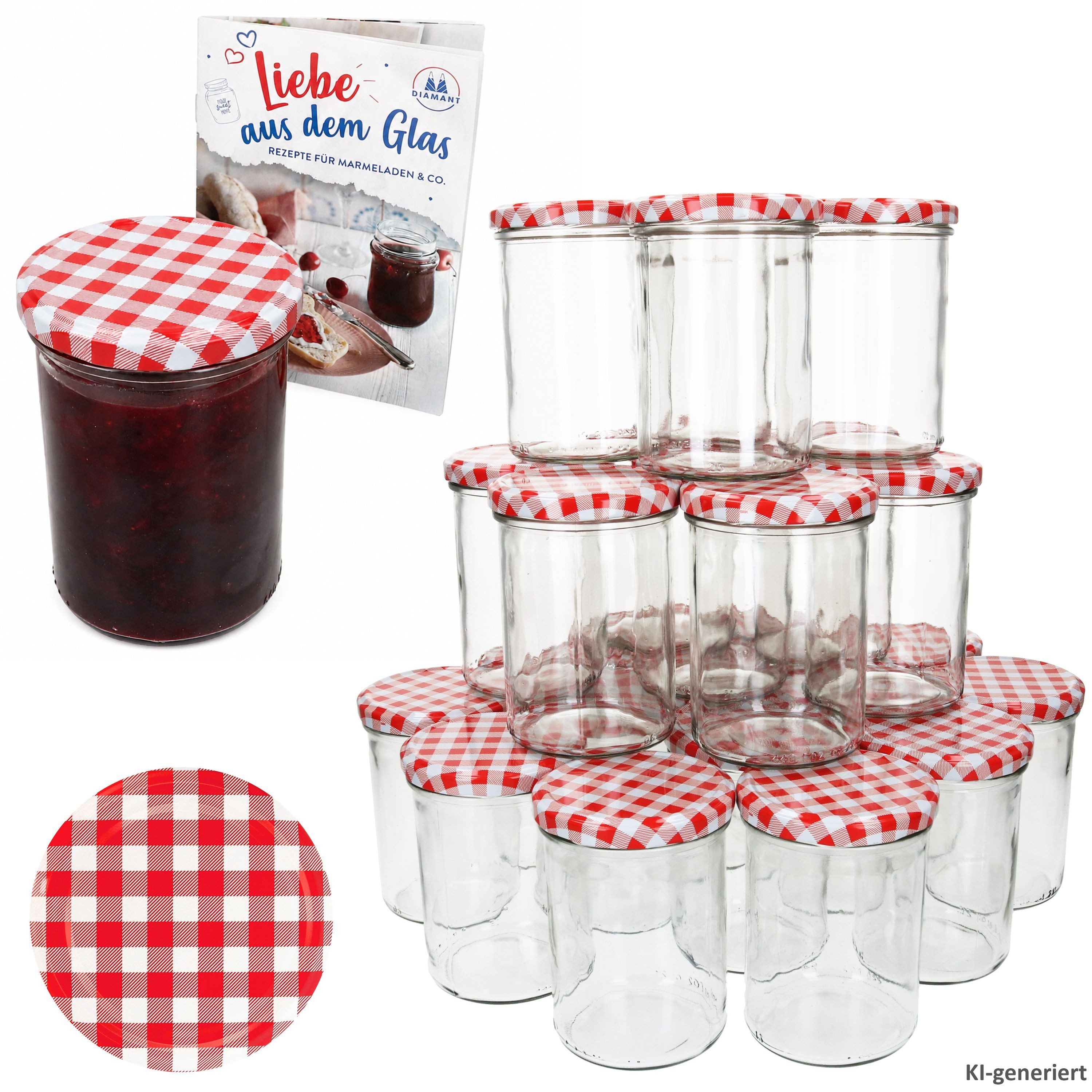 MamboCat Einmachglas 48er Set Marmeladenglas 435ml Einmachglas TO82 Deckel rot kariert Heft, Glas
