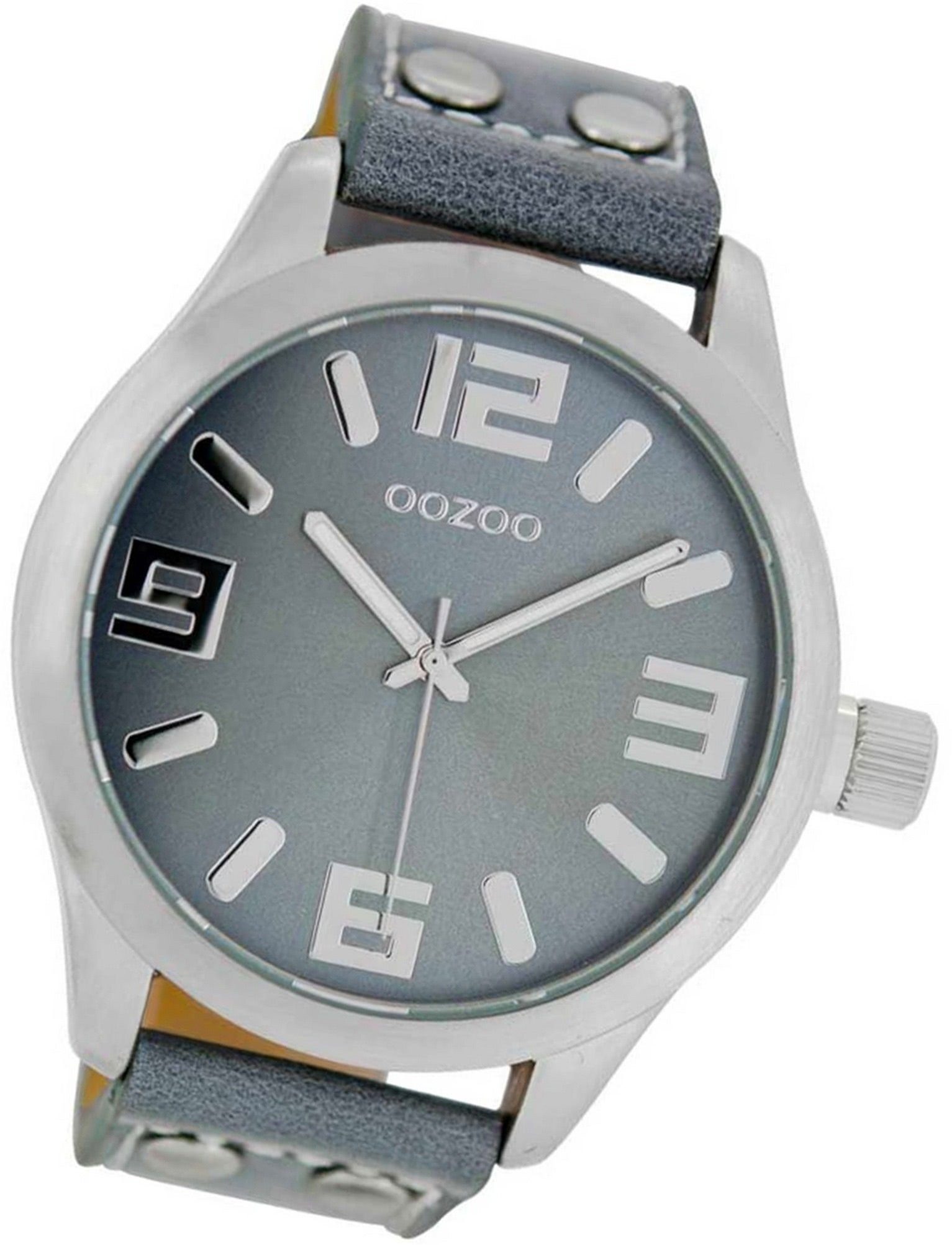 OOZOO Quarzuhr Oozoo Leder Damen Uhr C1060 Analog, Damenuhr Lederarmband grau, rundes Gehäuse, extra groß (ca. 46mm)