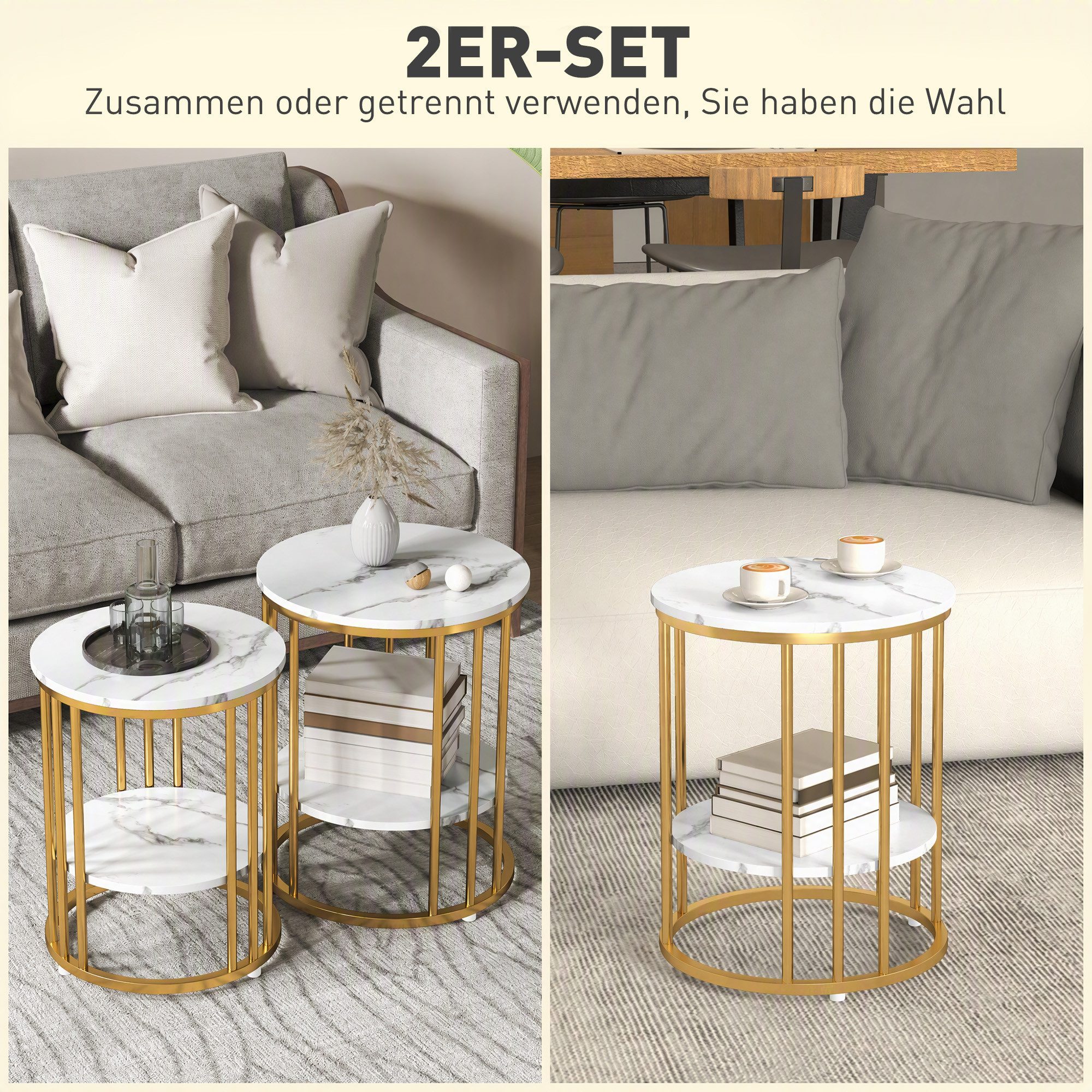 HOMCOM Couchtisch Wohnzimmertisch in Marmoroptik Kaffeetisch mit Ablage, rund (Sofatisch, 2-St., Beistelltisch), für Wohnzimmer Schlafzimmer Weiß – Bild 4 von 5
