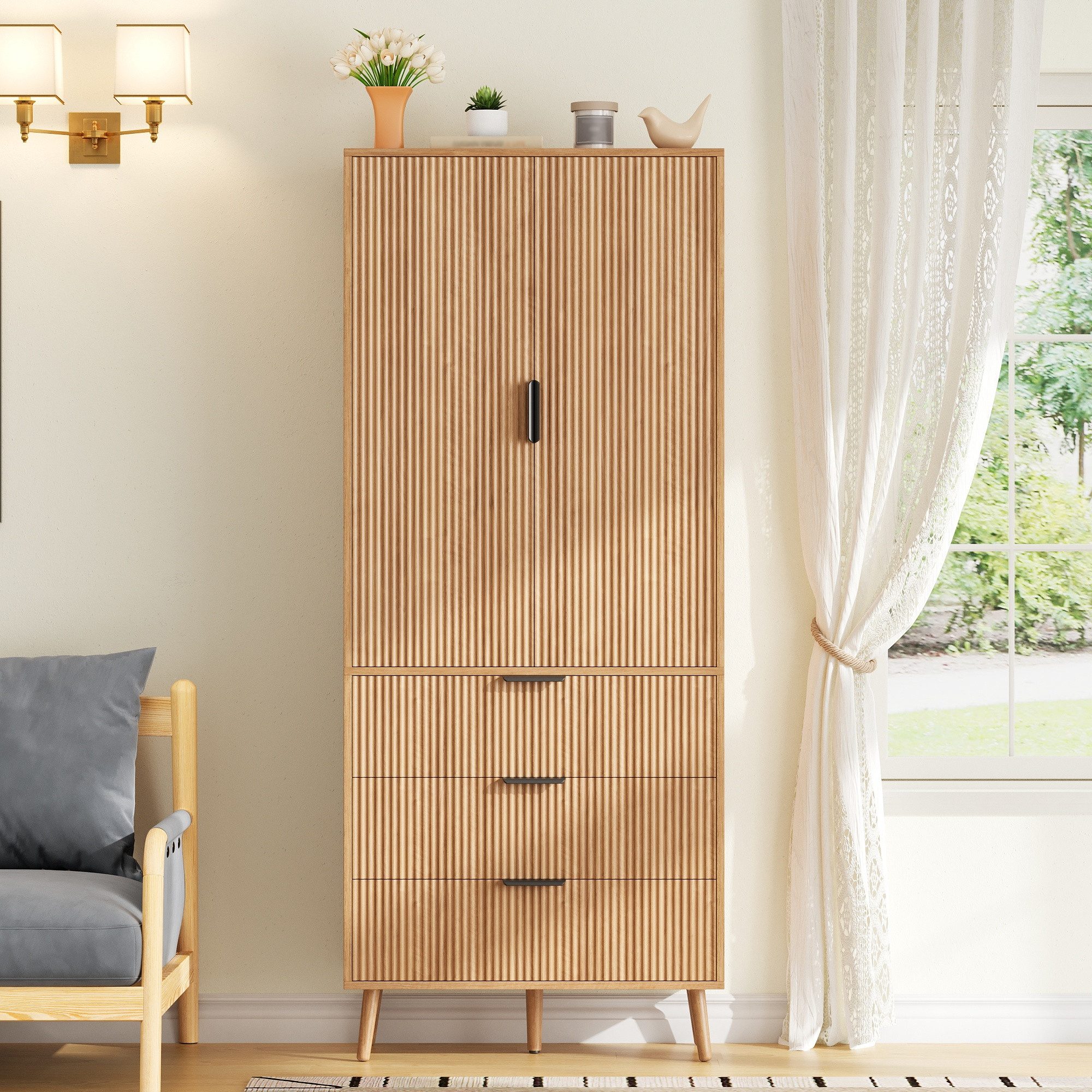 Celya Hochschrank 75 × 35× 180 cm Küchenschrank mit 2 Türen und 3 geräumigen Schubladen (Vorratsschrank mit Türablagen, Aufbewahrungsschrank für Küche)